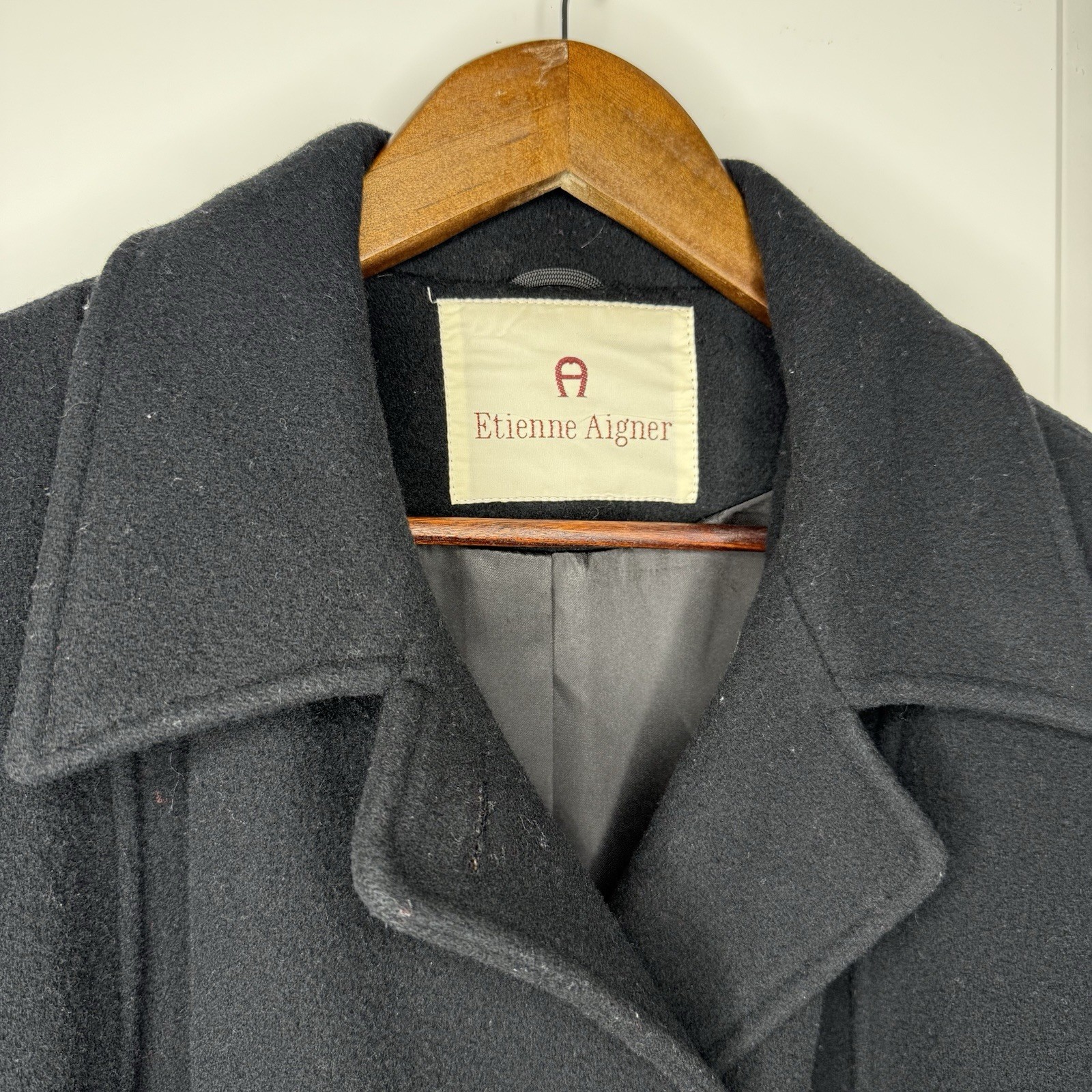 Etienne Aigner Vintage 100% Wool Pea Coat Black Gold Buttons Made in USA Size 12