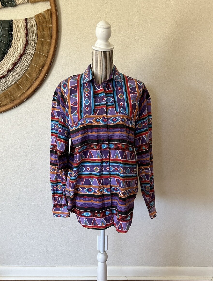 Vintage 90s Adobe Rose Western Aztec Print Shirt Woman’s L