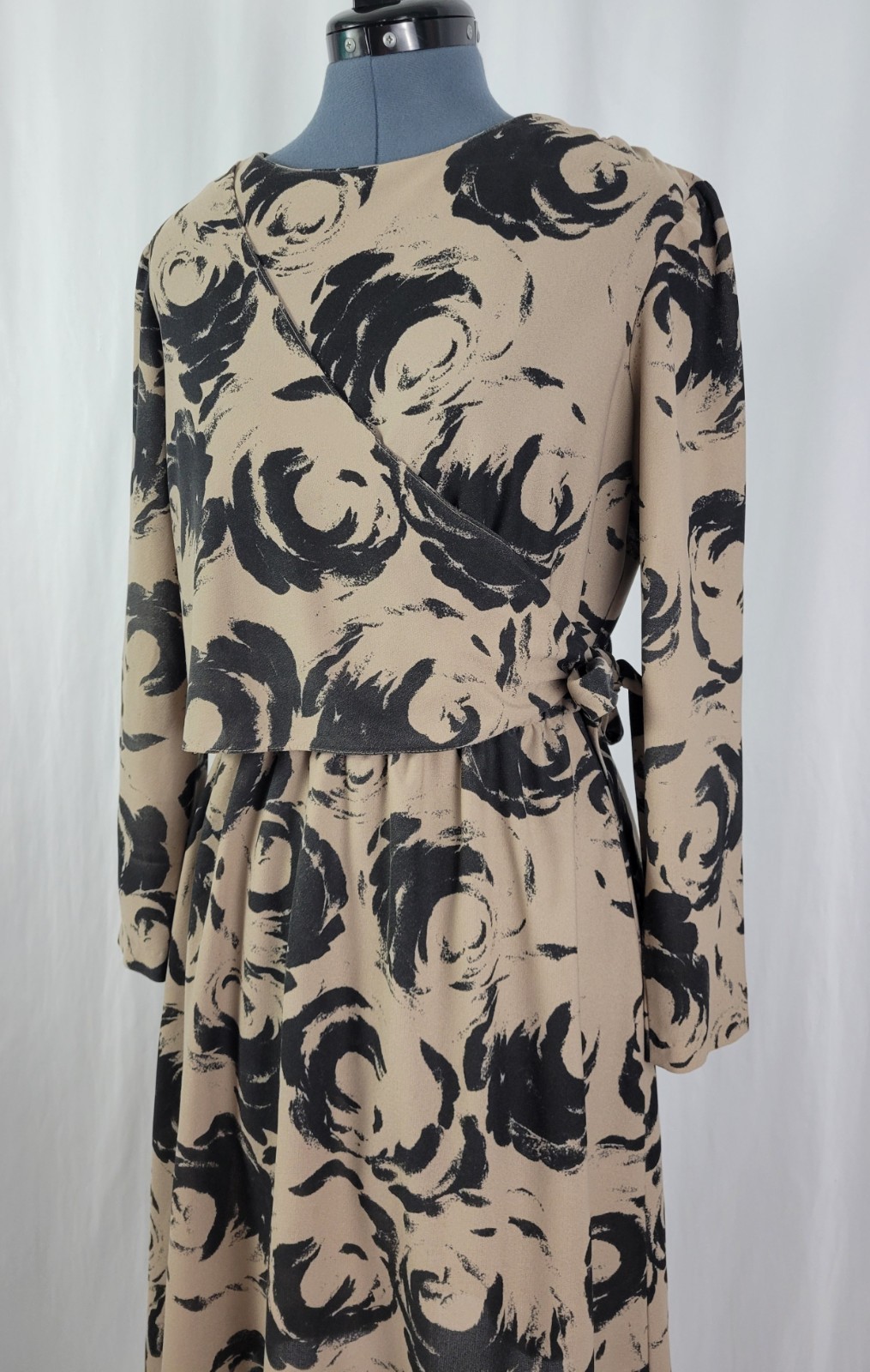 Vintage Marti Petite Brown & Black Blouson Dress w Overlay Wrap Size 16