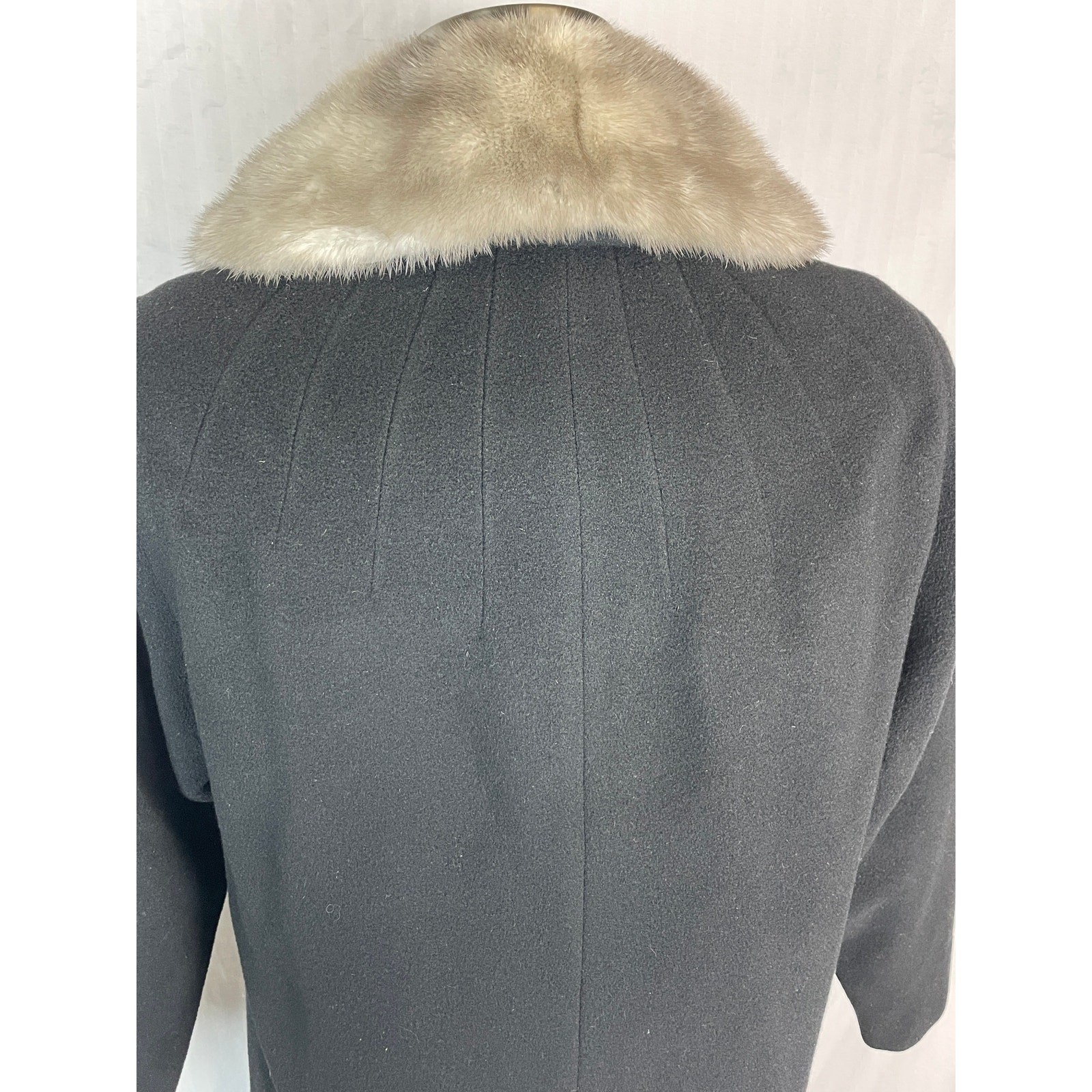 Vintage 1950s Black Cashmere Wool Coat Silver Gray Mink Fur Collar Rare Small/Me