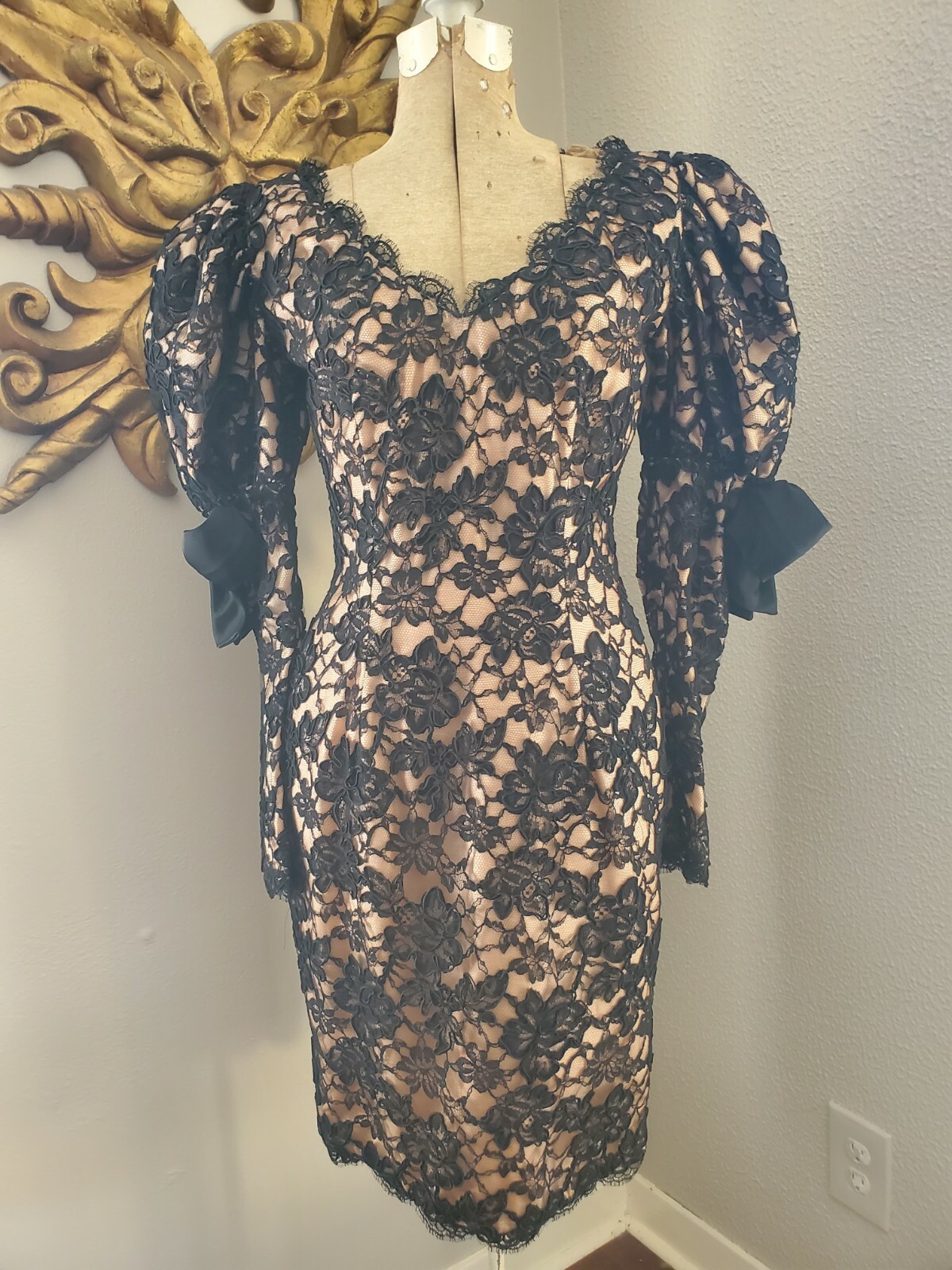 VTG 80’S ISABELLE ALLARD BLACK FLORAL LACE PRINCESS BOW VICTORIAN PARTY DRESS XS