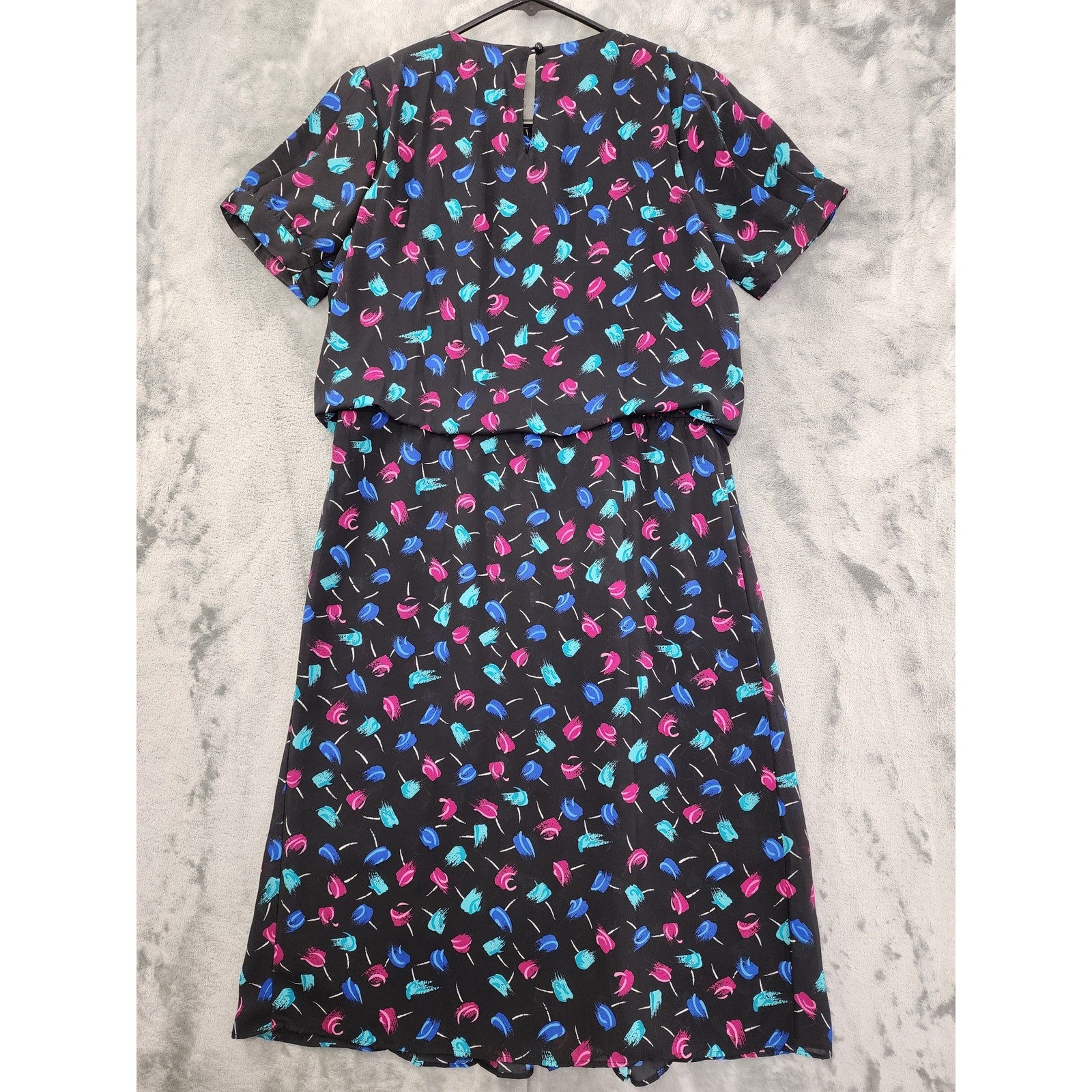 Vintage 80s JB Too Abstract Floral Blouson Pleated Day Dress Size 8 Black Pink