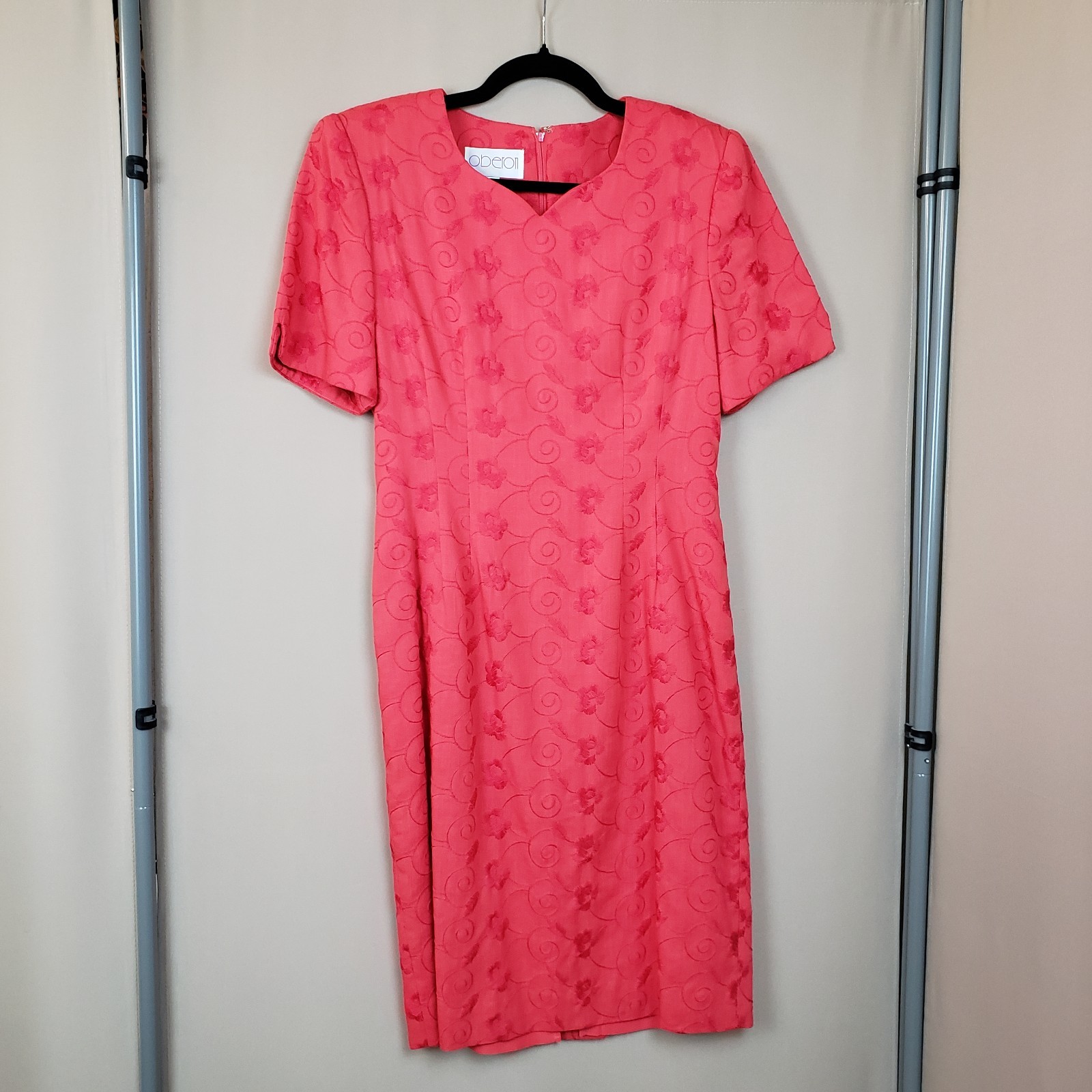 Oberon Dress 6 Embroidered Linen Blend Sheath Poppy Red Short Sleeve Knee Length