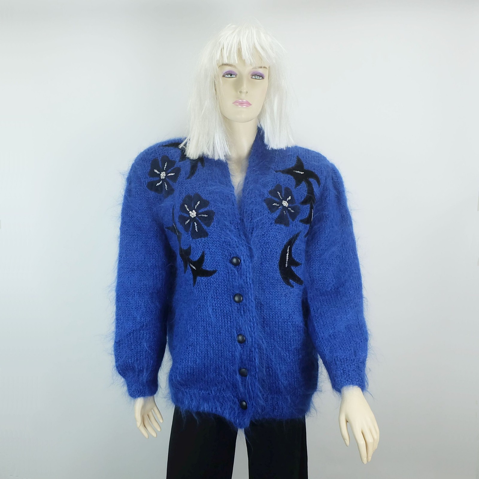 Cardigan cardigan 1980s vintage 100% mohair appliqués beads size M