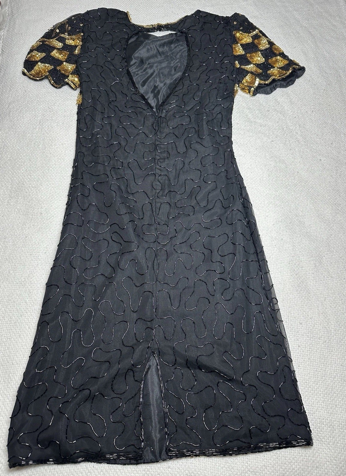 SWEELO Vintage Silk Beaded Black Gold Dress India Art Deco Sequin S 6-8
