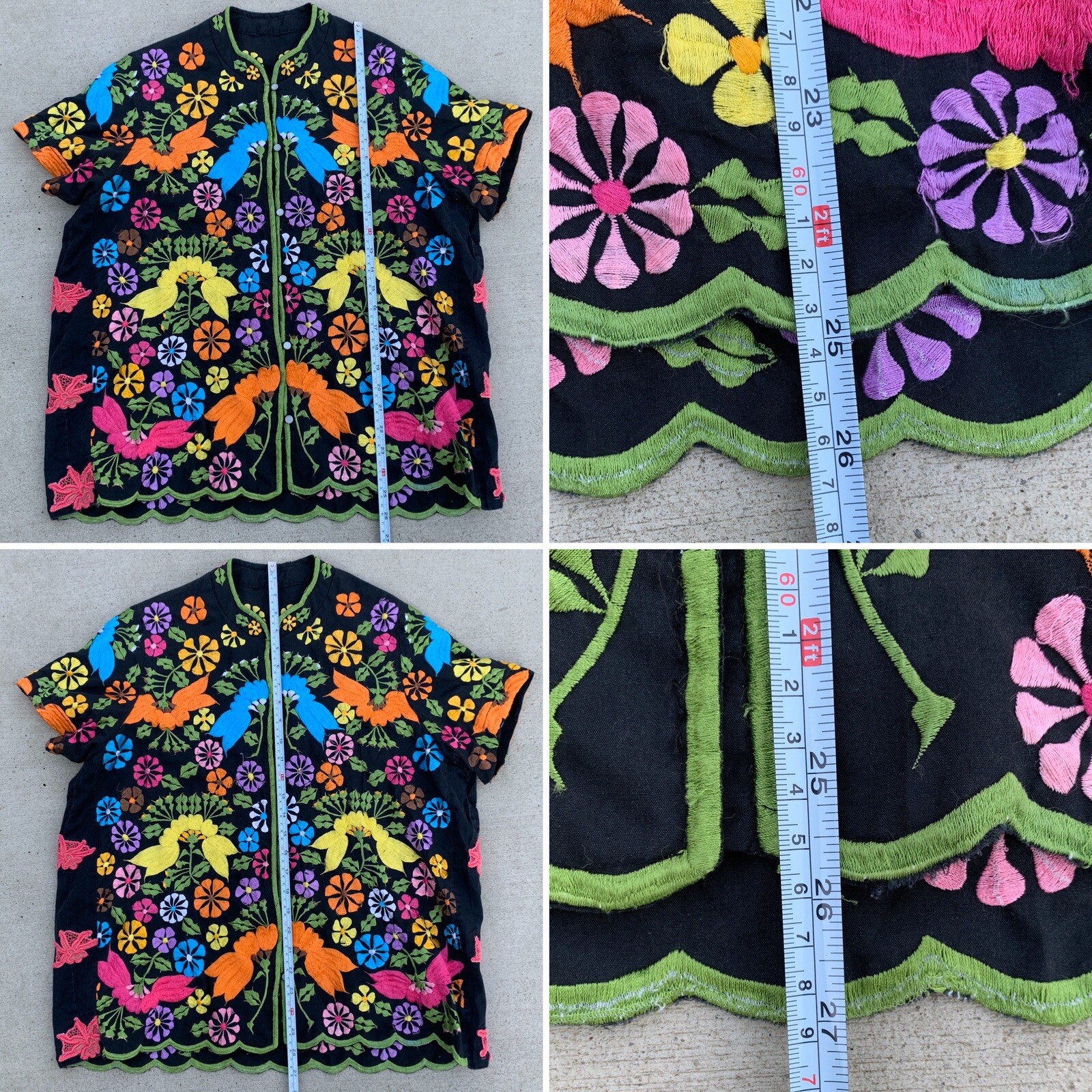 Vintage Embroidered Blouse Top Short Sleeve Mandarin Collar All Over Embroidery