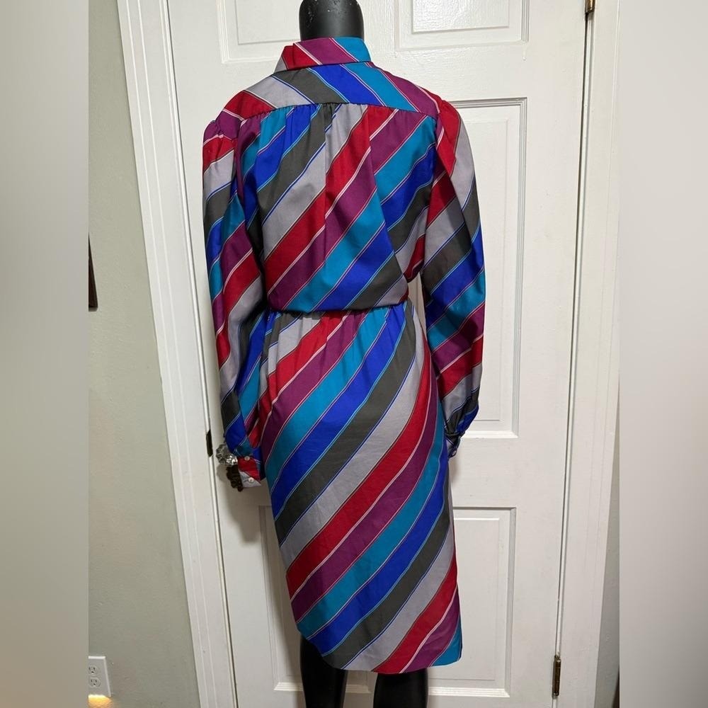 Vintage 1970s Stripe Long Sleeve Womens Dress Size 10 Red Blue Green Tan Purple