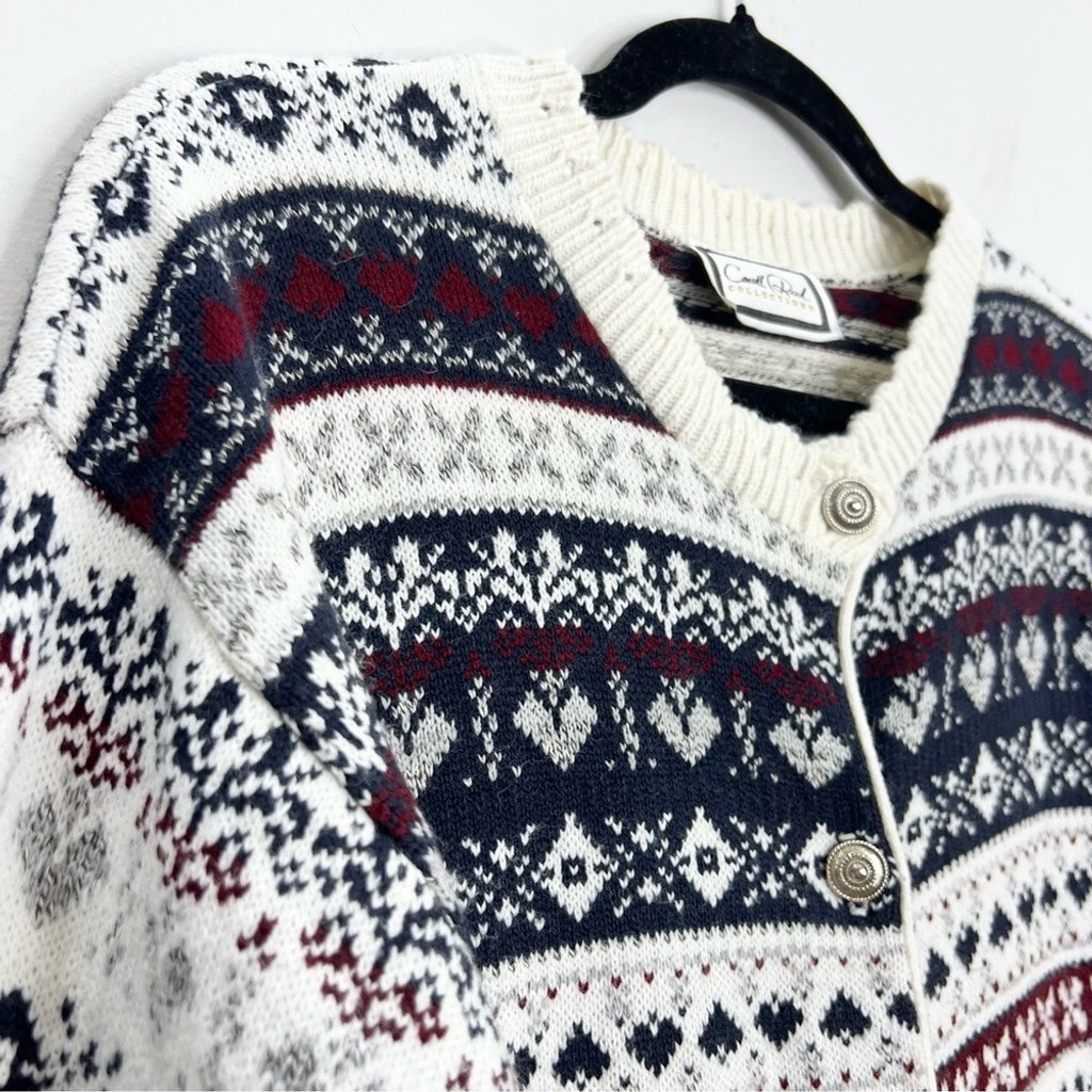 Vintage Carroll Reed acrylic ivory navy burgundy fair isle boxy tunic cardigan L