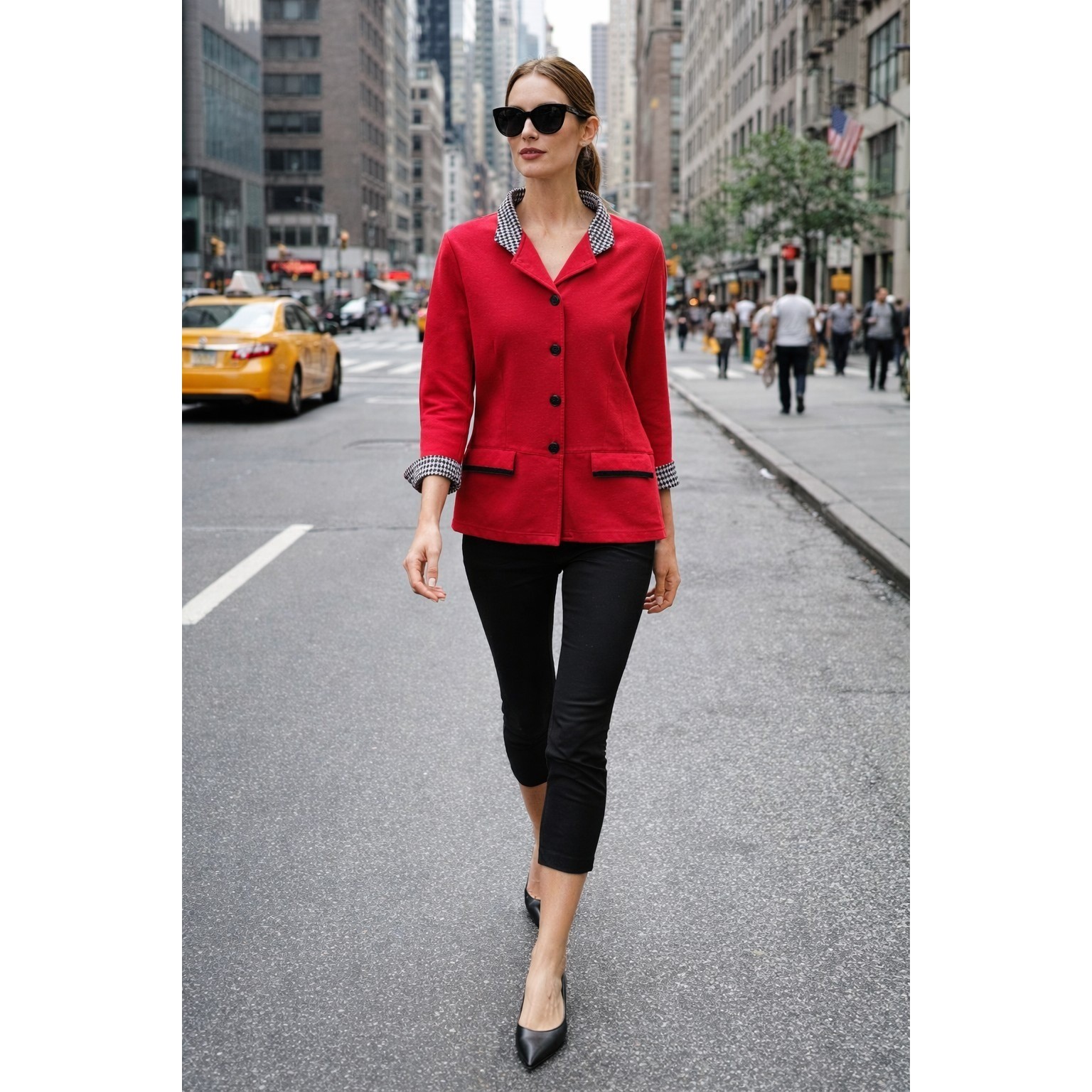 VTG 90’s Retro Blast Red Blazer Houndstooth Collar Cuffs Bold Black Buttons Sz L