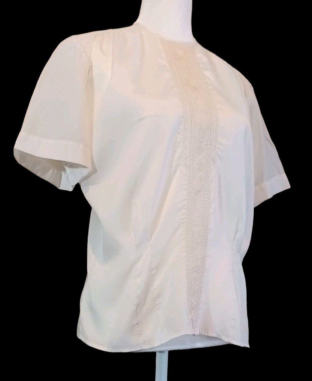 VTG 50s Alice Stuart Sz L Sheer Lace Inset Summery White Back Button Blouse