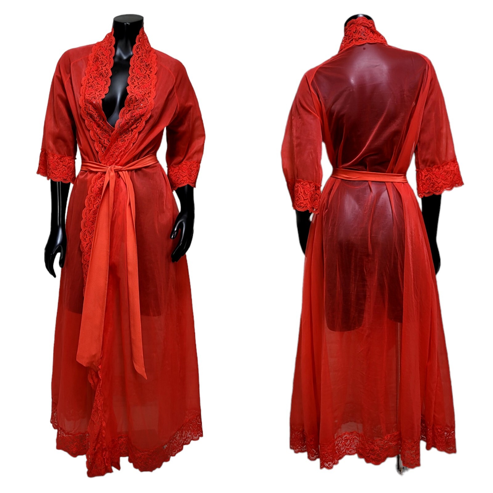 Vintage 70s CHIC Lingerie Size S Red Nylon Full Length Lace Trim Robe Glam