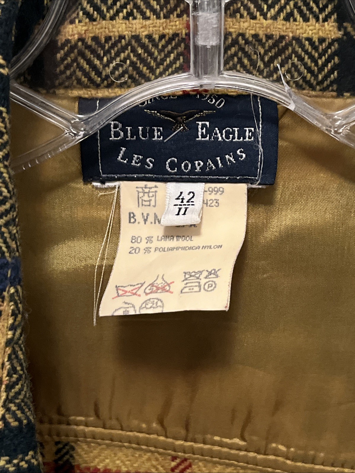 VINTAGE Les Copains Blue Eagle Yellow Plaid Jacket Italy Sz 42 Wool Blend Grunge