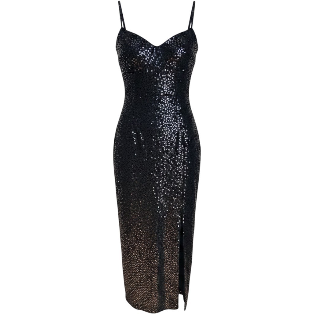 Vintage Michele Vincent Black Sequin Maxi Dress 90s Prom Gown Size 13/14