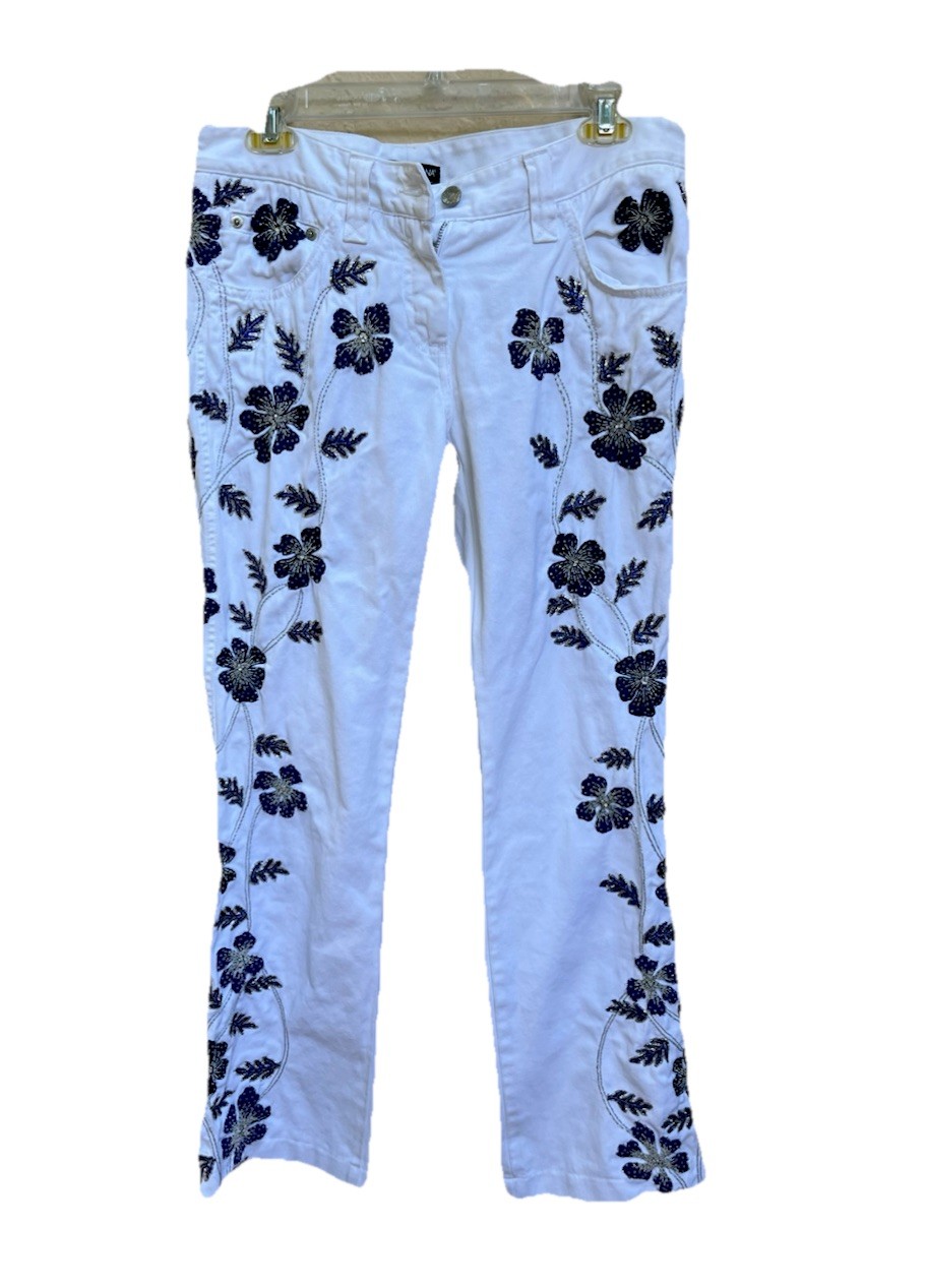 Dolce Gabbana Vintage Women’s White Jeans Blue Beaded Flowers.Italy 44