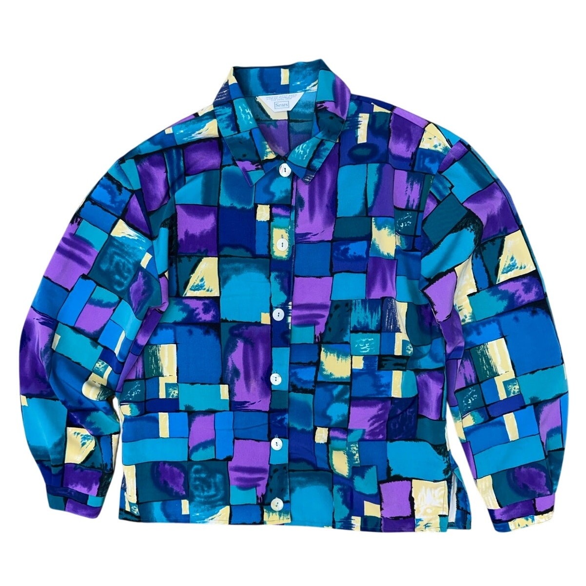 Vintage 80s Women’s Medium Sears Geometric Blouse Purple Teal Button Front Shirt