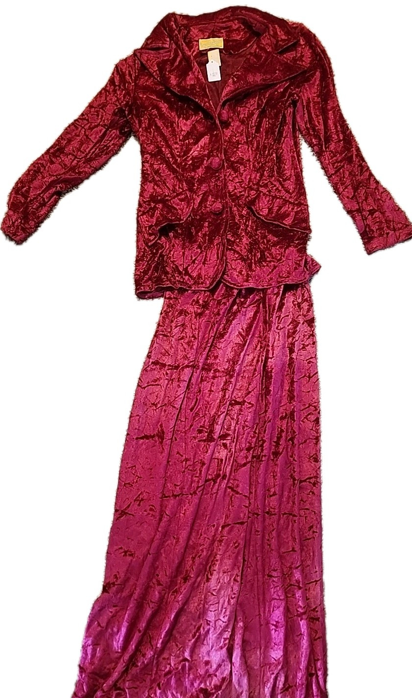 Vintage Crushed Velvet Two Peice Skirt And Jacket Dress Miss Sherwood Boho Rose