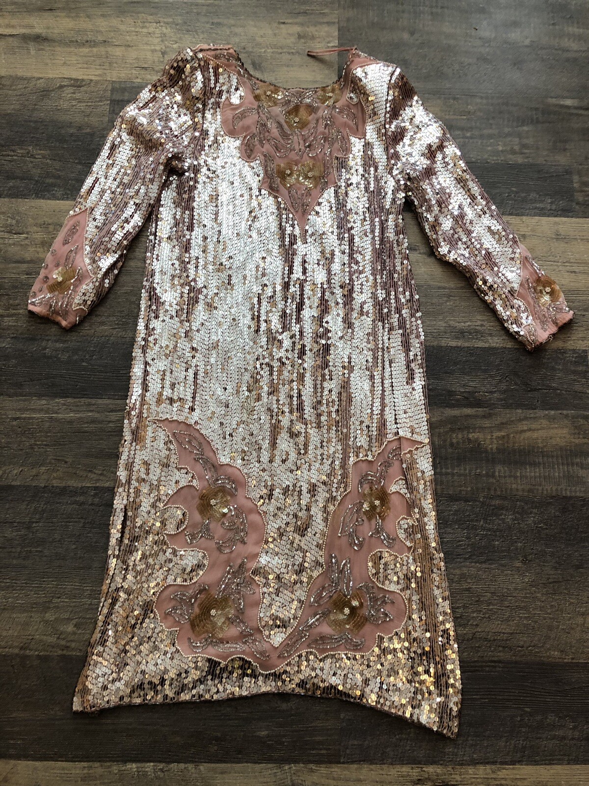 1970’s -80’s Vintage Pale Blush Pink Sequin Sheath Dress Medium