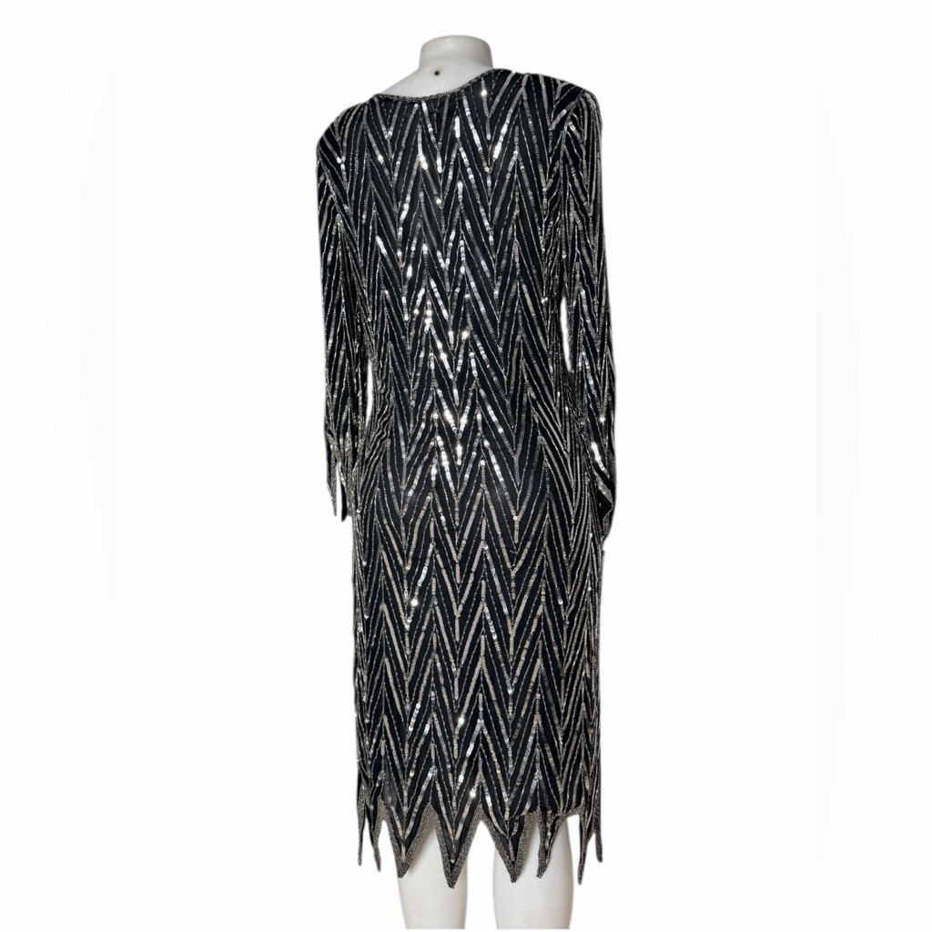 VTG 80s Sweelo Beaded Silk Dress Black Silver Extravagant Sequin Chevron Size M