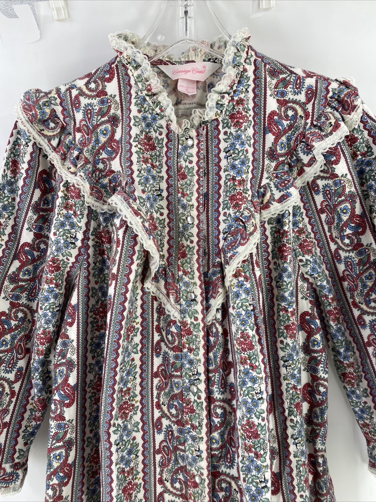 Vtg Woman Carriage Court Nightgown M Flannel Paisley Floral Pearl Snap Front