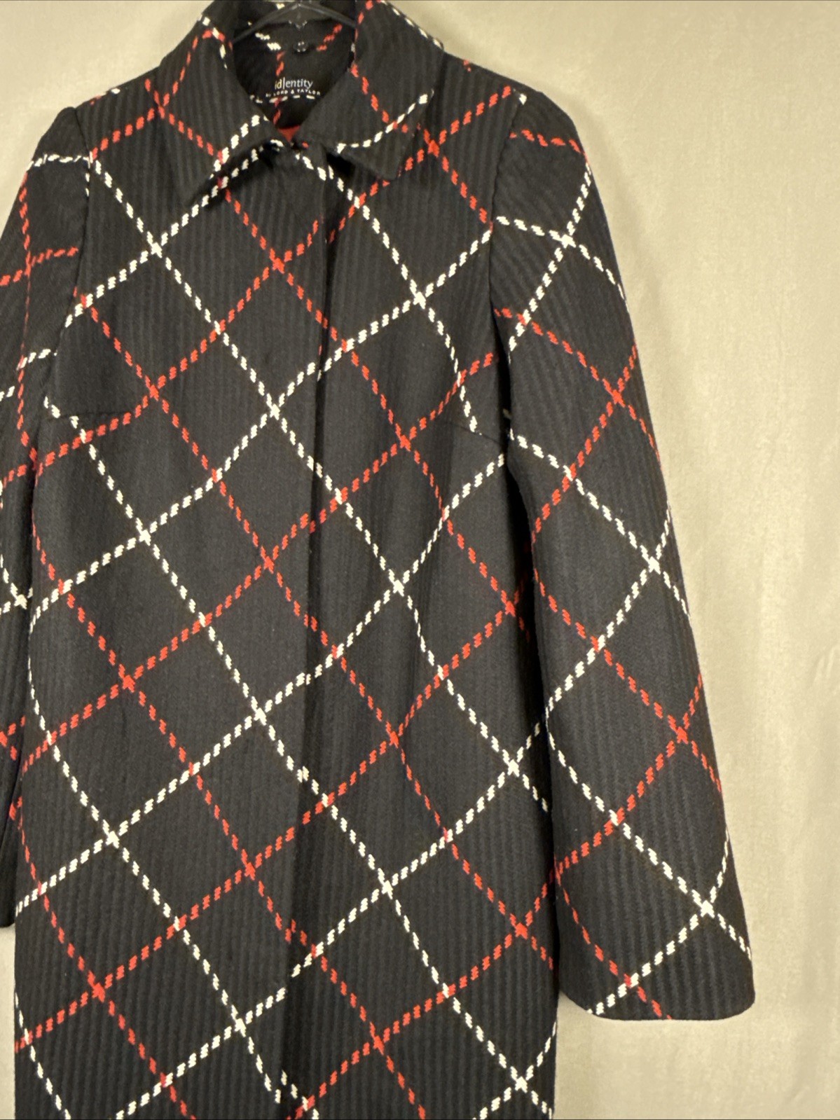 Vintage Lord & Taylor Identity Black Red White Diamond Wool Blend Coat Luxury 6