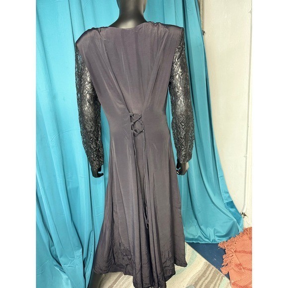 Vintage Jody California Black Lace Sleeve Maxi Dress Pearl Button Corset Back 13