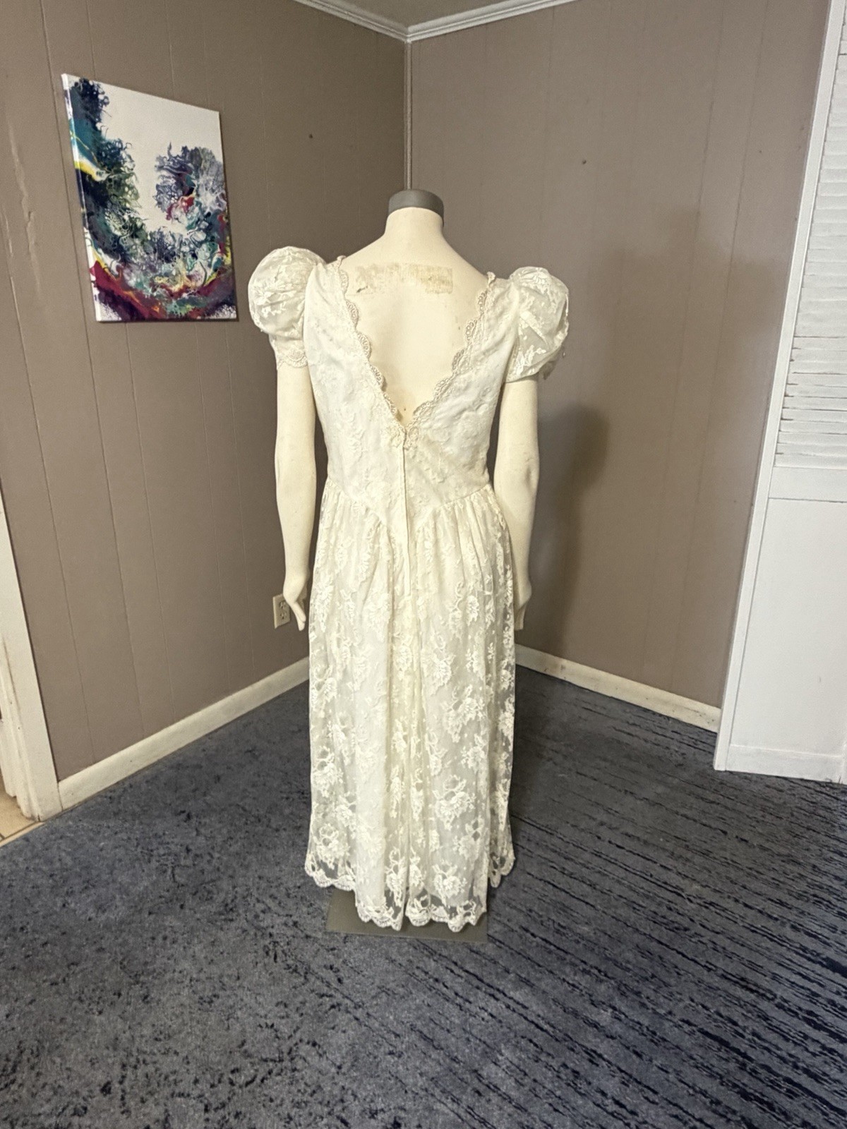 1990’s Puff Sleeve Lace Midi Wedding Dress Cottage Core Sz 12