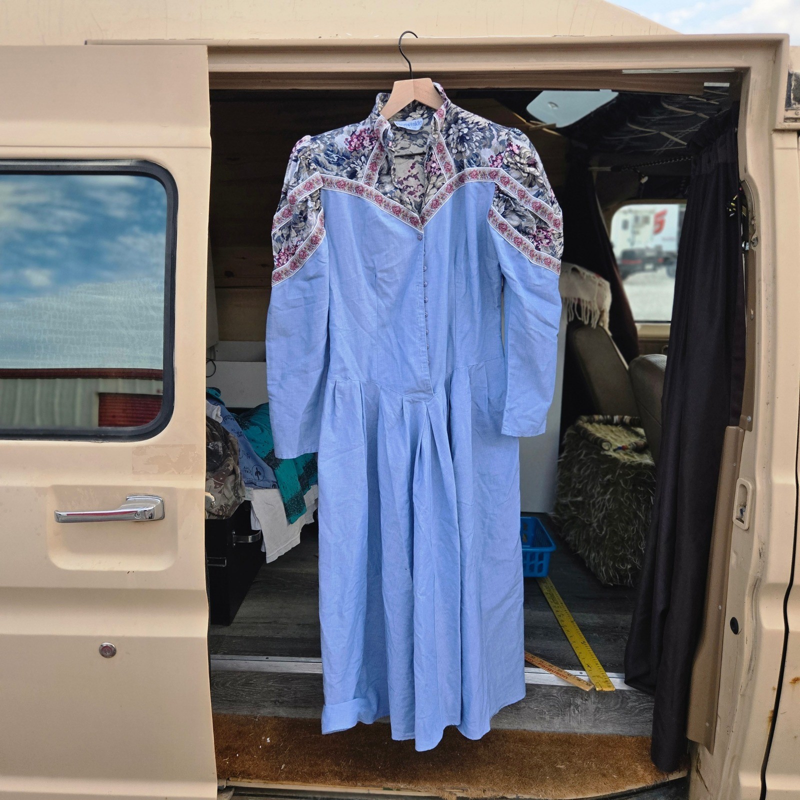 VTG Periwinkle Maxi Prairie Dress Western Floral Tapestry Blue Womens Medium USA