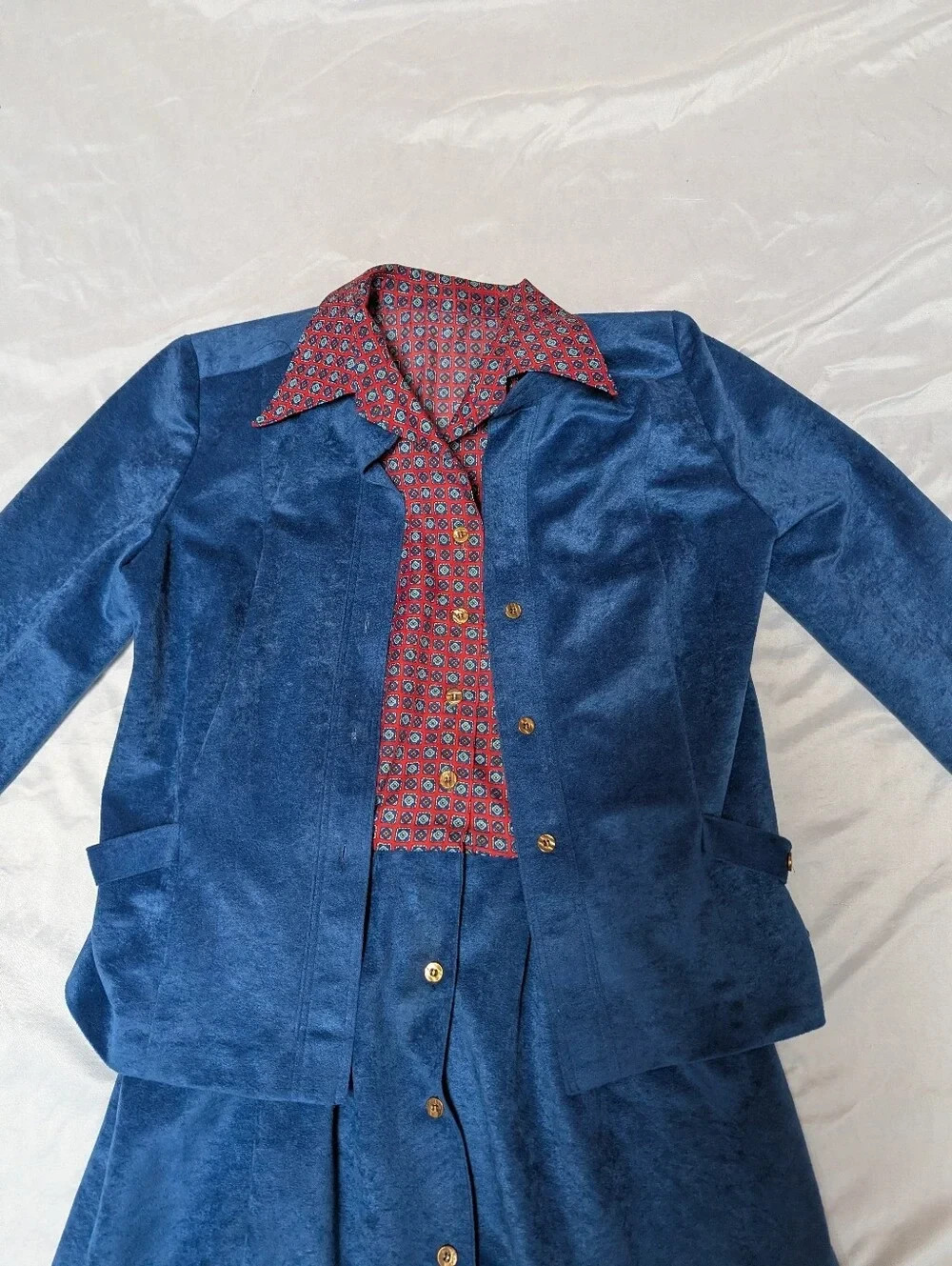 Vintage 70’s Button Front Blue Velour Dress & Jacket Anjac By Marc Needleman