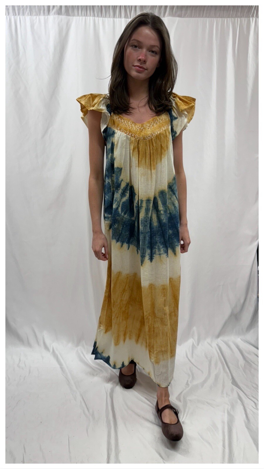 Vtg 70s 80s Hand Dyed Cotton Hippie Maxi Dress Ruffles Bohemian Summer Sundress