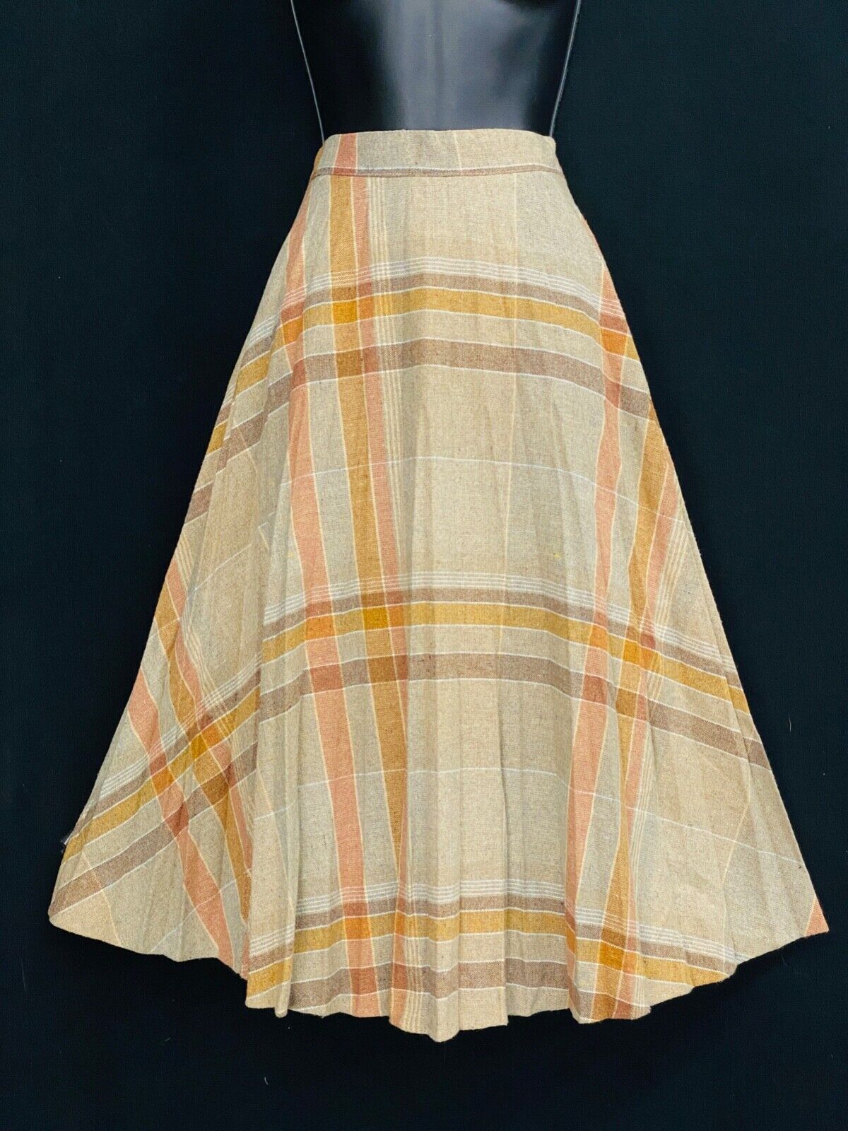 Vintage 1970s tan wool plaid skirt, below knee high waist gold A line boho S