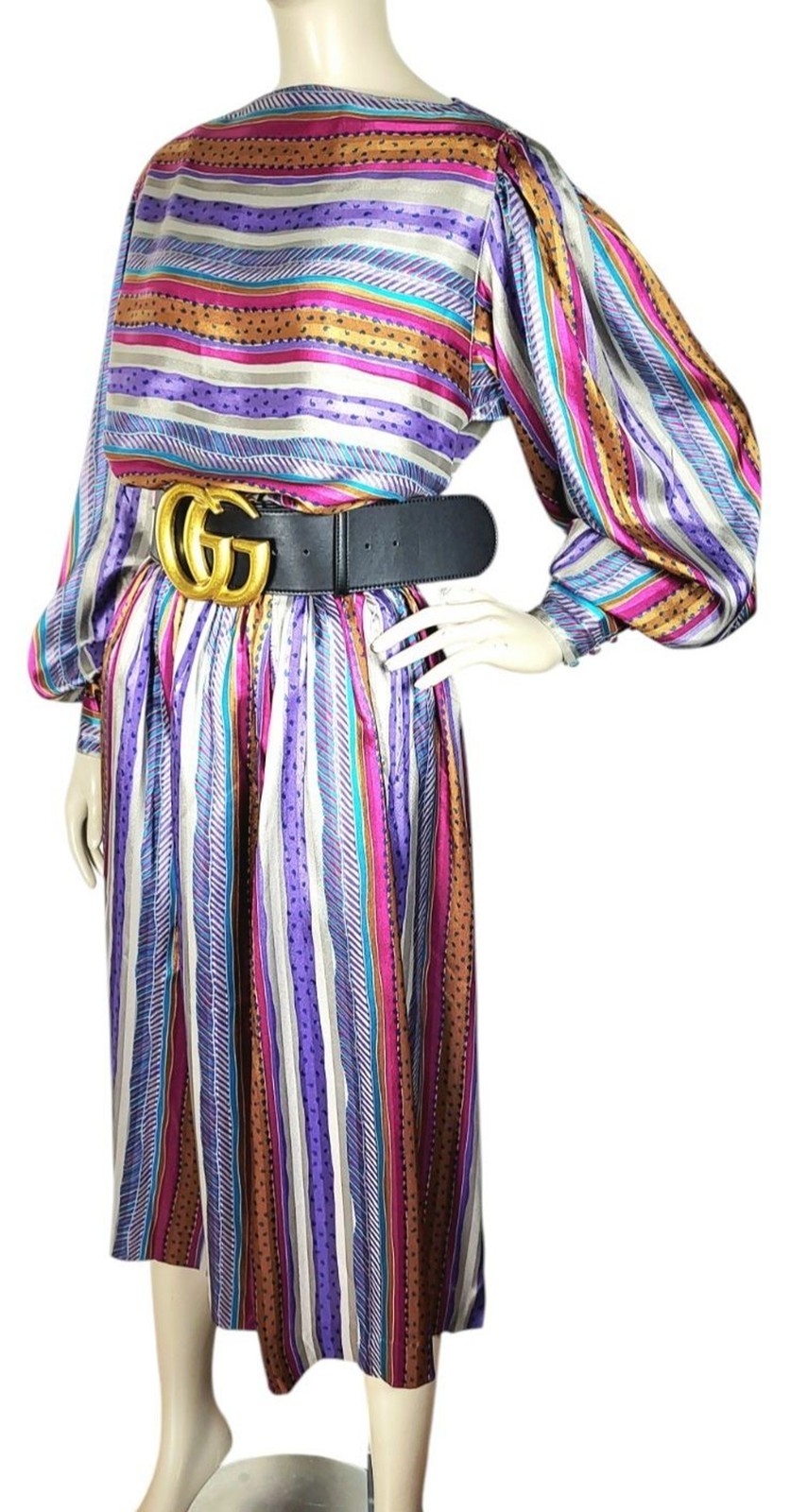 VTG 70s Evan Picone Silky Satin Mixed Media Puff Balloon Sleeve Blouse Skirt Set