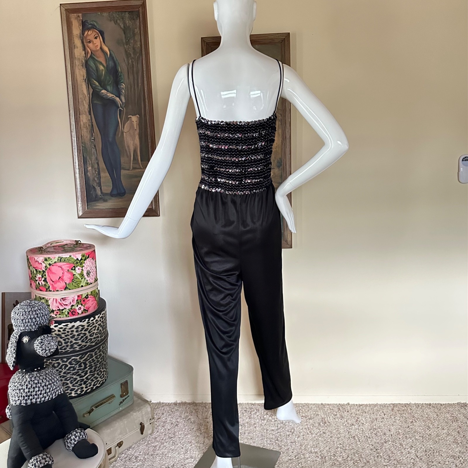 Vintage 70s Studio 54 Disco Mob Wife Tube Top Jumpsuit Black & Silver Lurex M/L