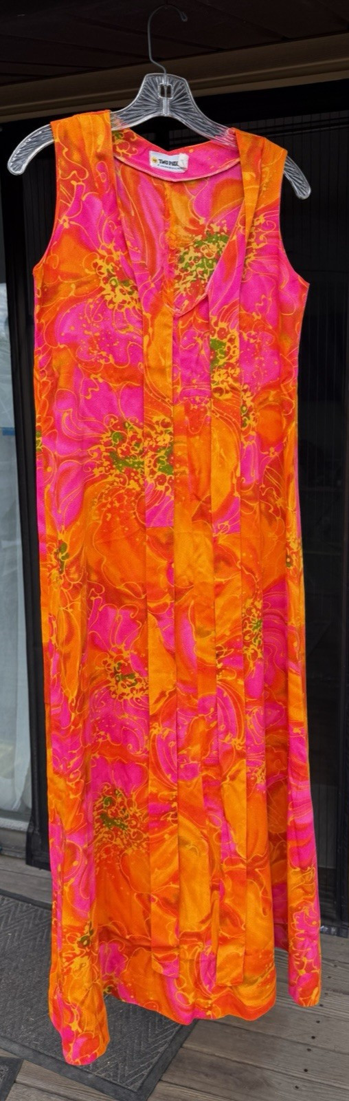VTG Two Potato Laguna Beach 60s Pink Mod Floral Bell Sleeve S Dress Long Maxi