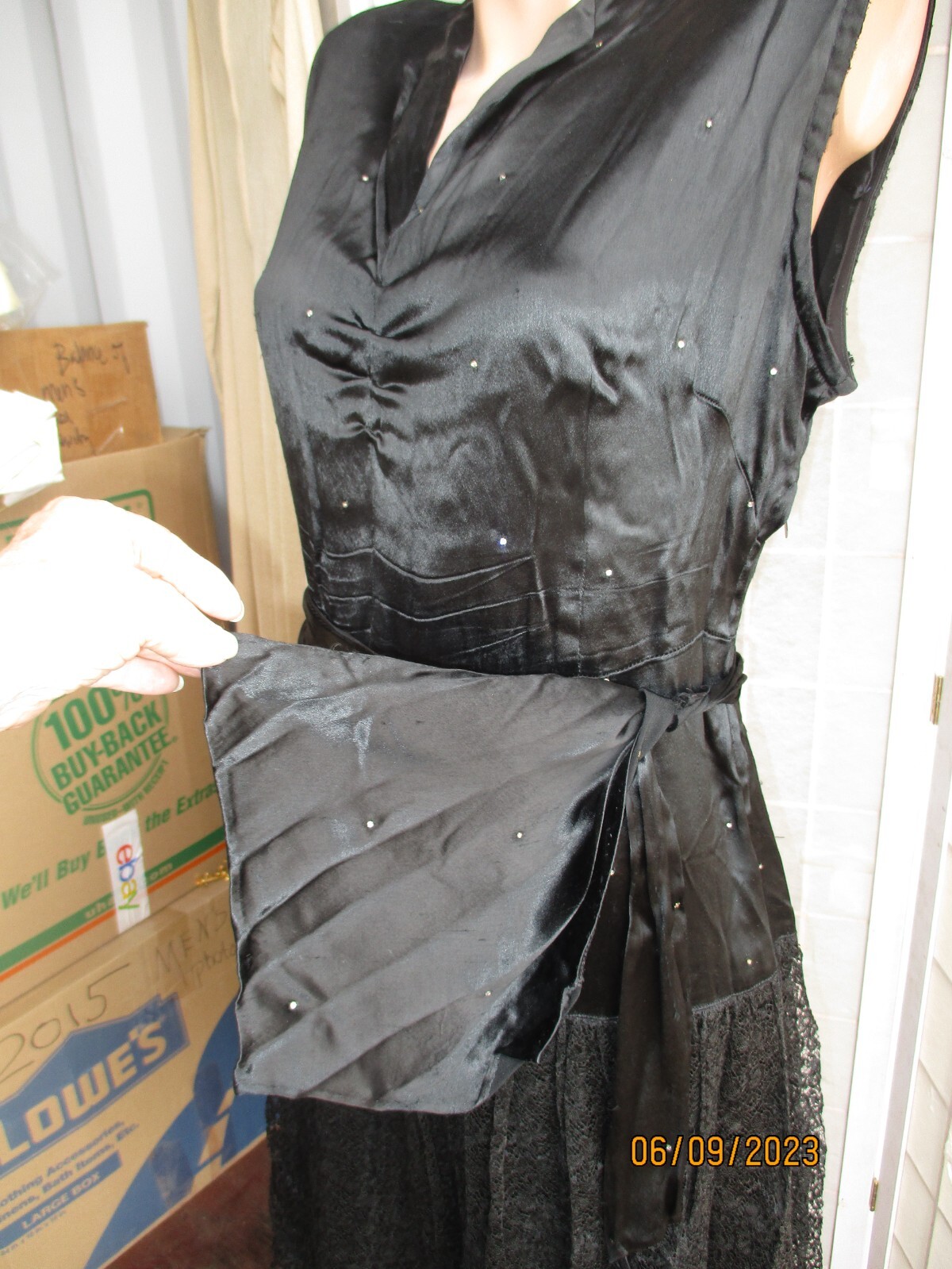30s 40s Black Satin w/Rhinestones and Lace Slvless Dress sz40x36x42″
