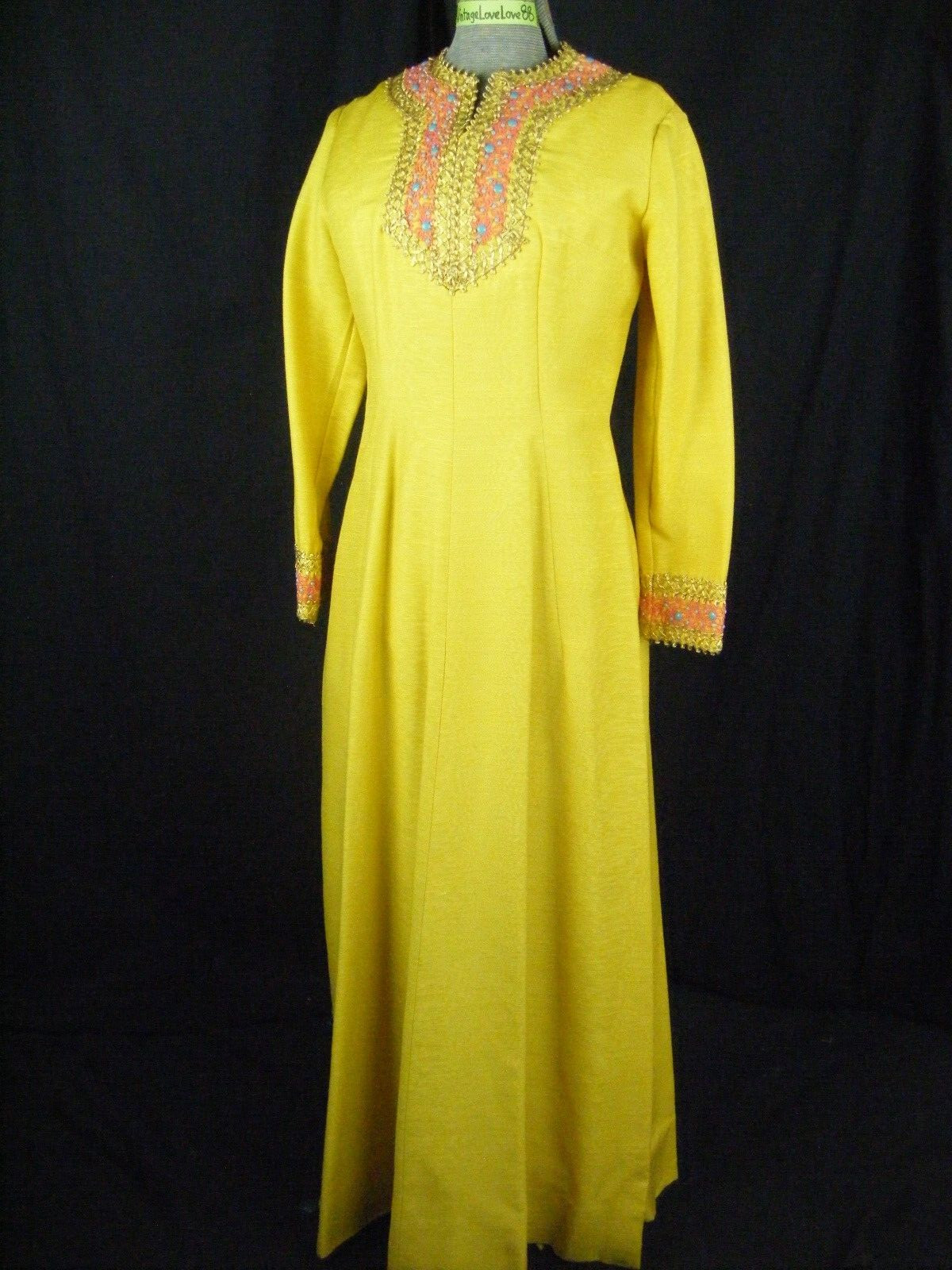 EMMA DOMB Vtg 60s Yellow Crepe Jeweled Embellishment Dress-Bust 36/S,AS-IS