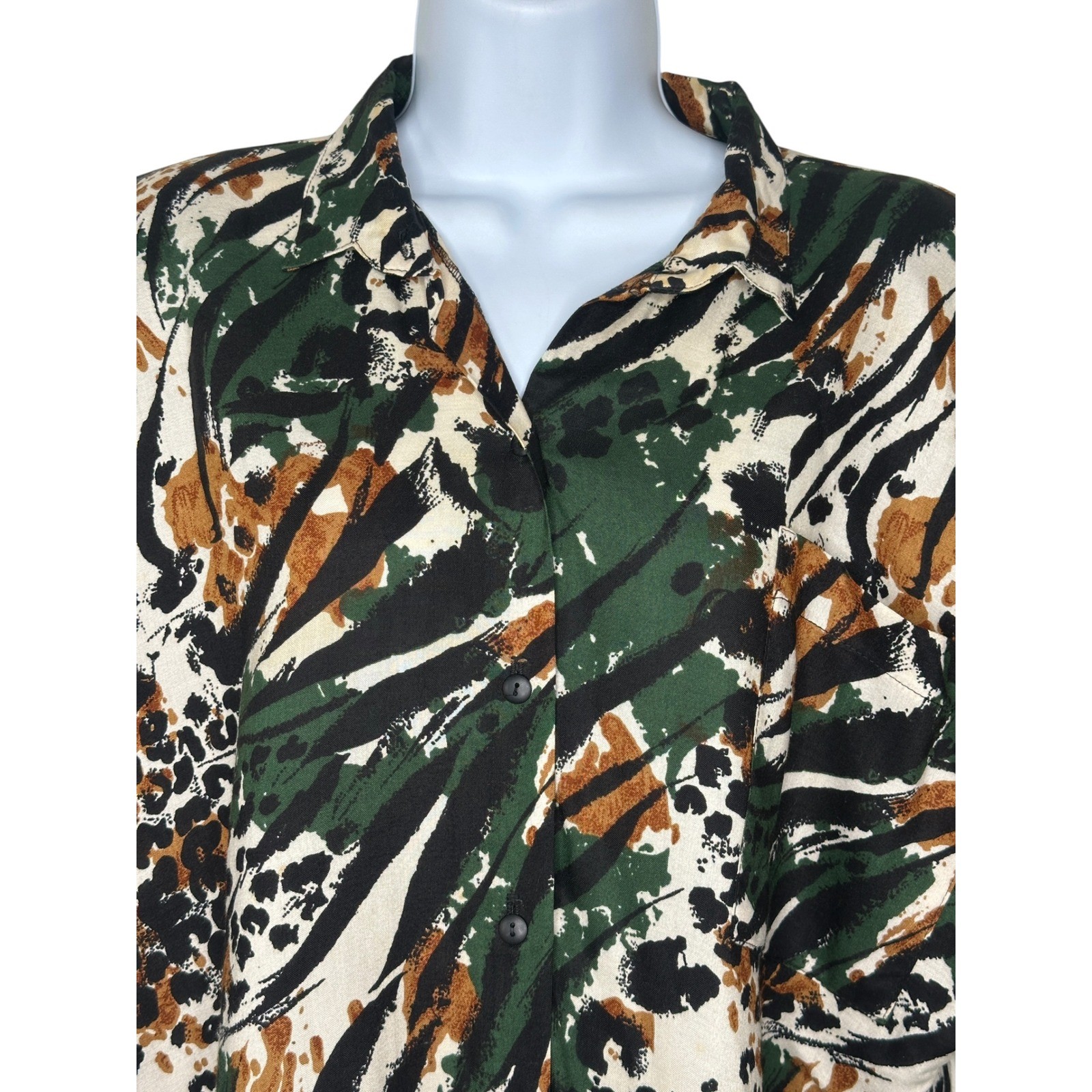 Foxtrot Vintage Animal Print Shirt XL Green Brown Zebra Leopard Button Down 90s