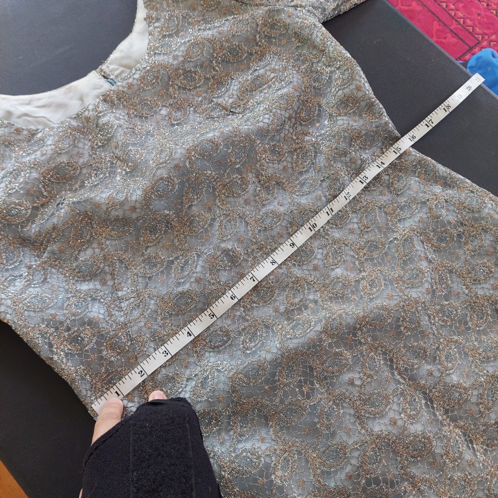 Vintage Clifton Wilhite Dallas Metallic Silver Gold Lace Cocktail Dress 1960’s