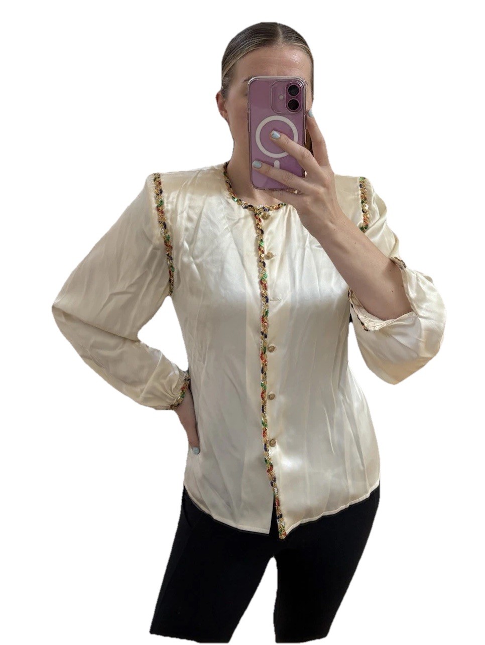 Vintage Maggy London 100% Silk Sequin Blouse Button Up Champagne Color M/L