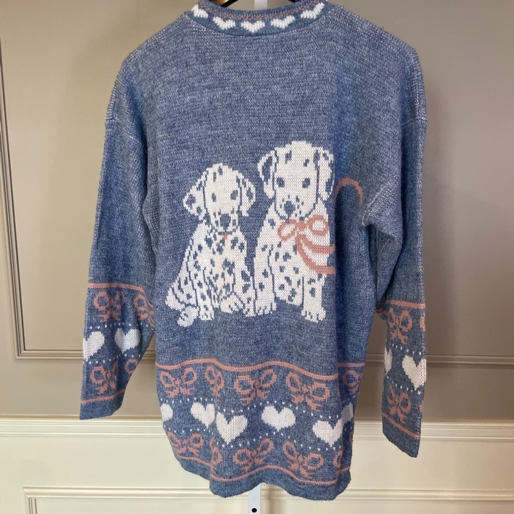 Vintage Adele Knitwear Sweater XL Dalmation Dogs Blue Bows Hearts EUC Pastel