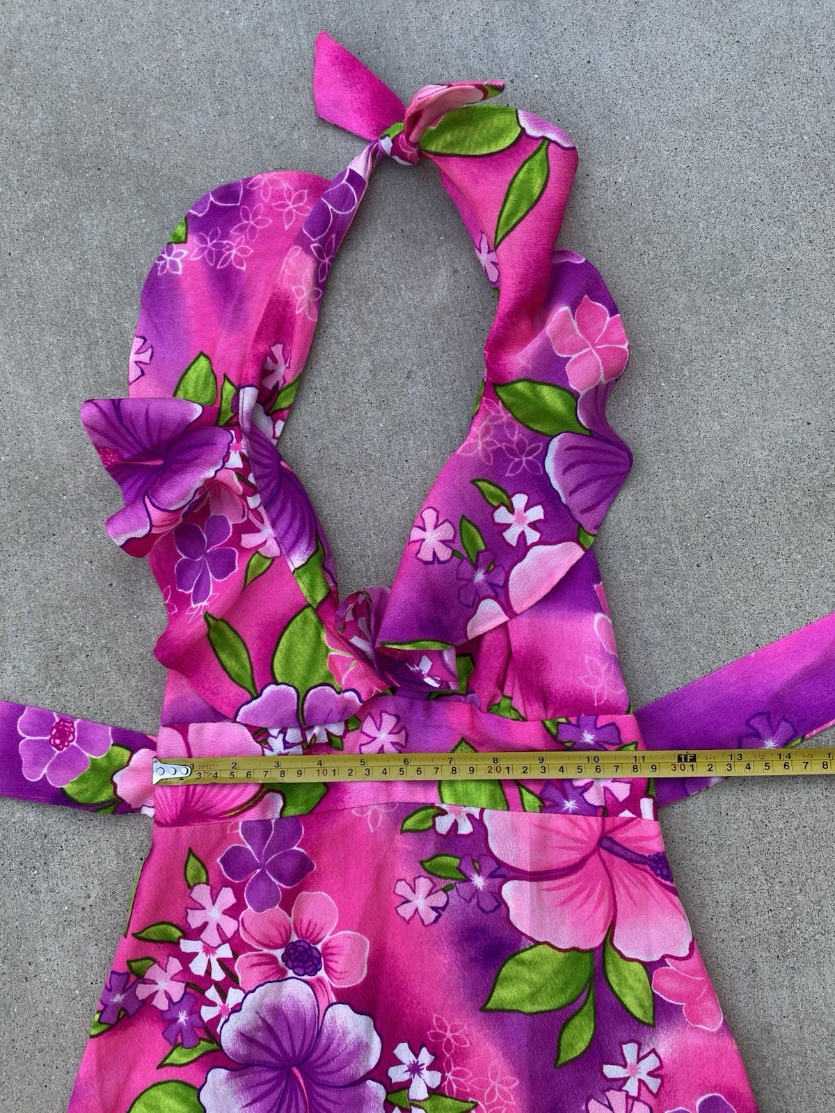 Vintage Pomare Hawaii Acrylic Hawaiian Halter Dress Ruffle Top Tiki Aloha Pink