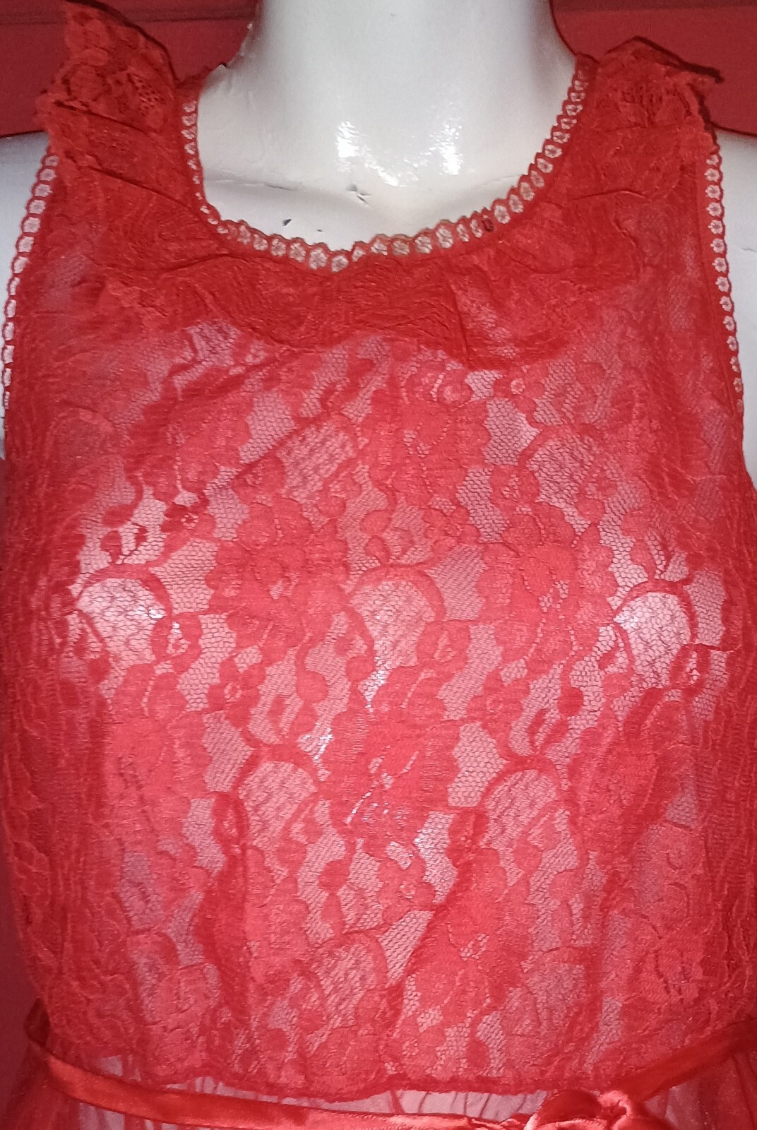 Vintage Spotlight Nightgown Sheer Nylon Chiffon Red Handkerchief Hem Sz S/M