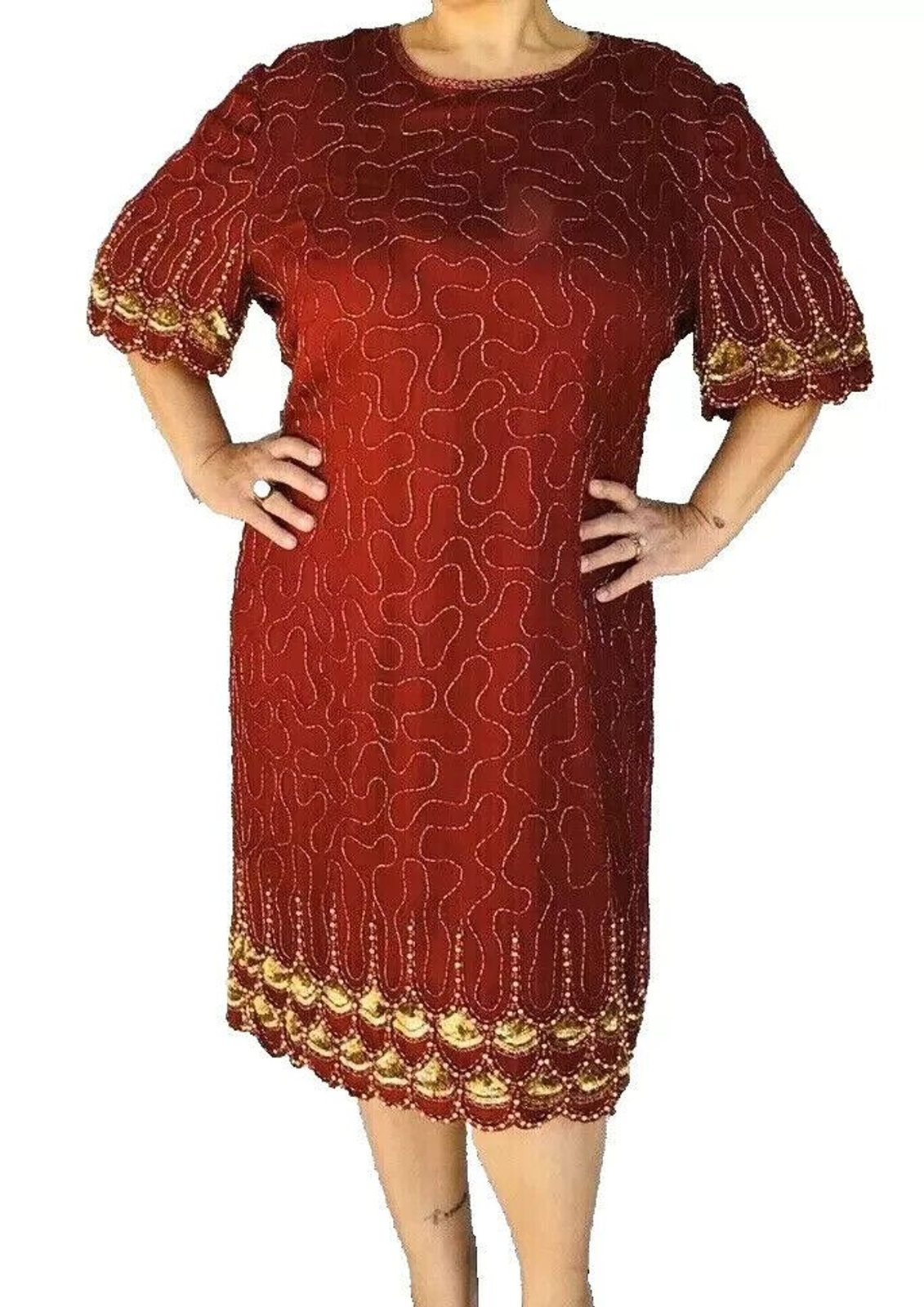 Vintage 90s Art Deco 100% Silk Beaded Flapper Cocktail Party Dress L/XL/1X/2X