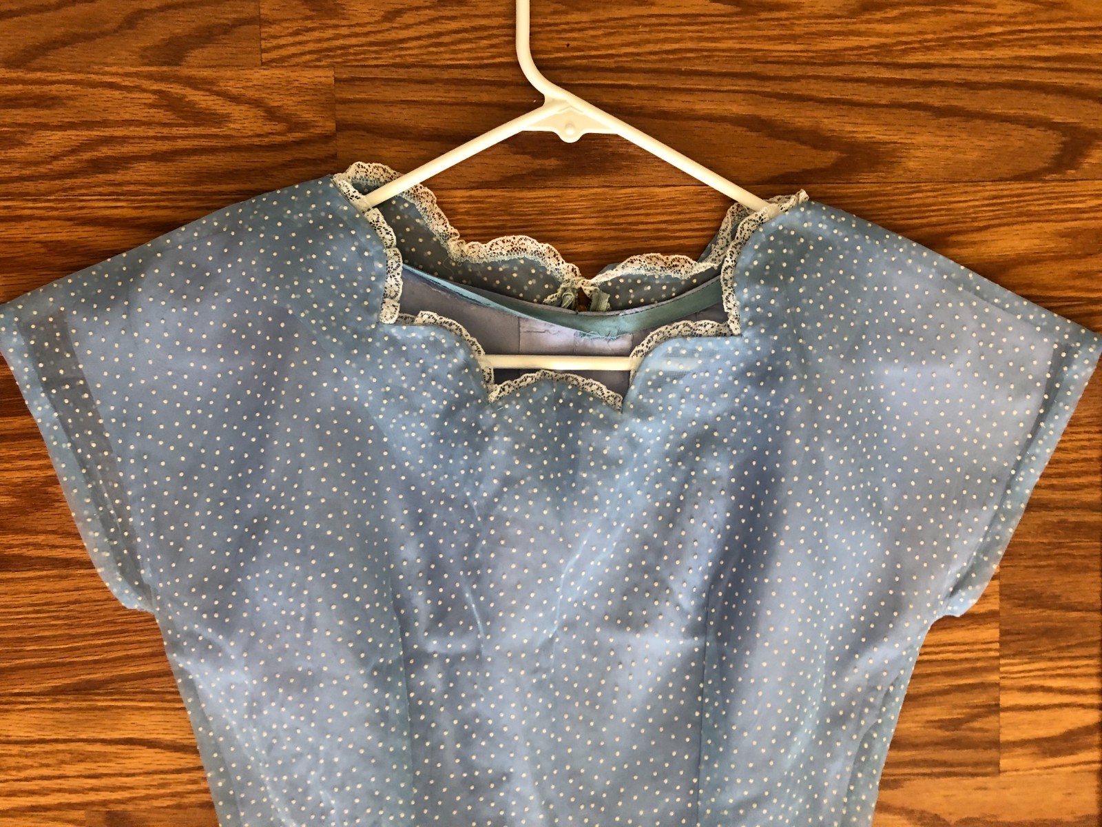Vintage 1950s Handmade blue sheer dotted swiss womens dress lining& hair tie