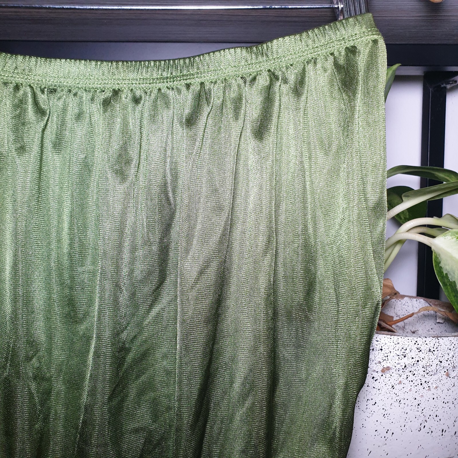 VTG Silky Nylon Panty Olive Green Granny Double Gusset Brief Sz 10-11 Hip 48-52″