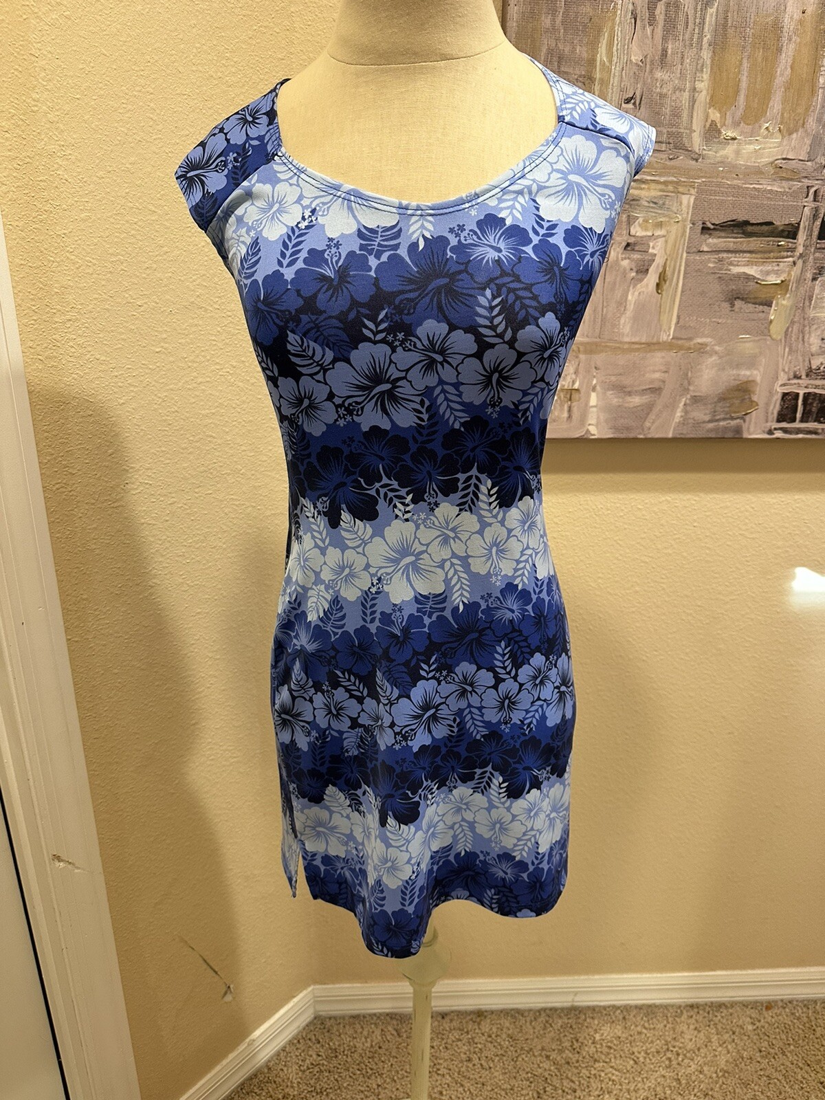 Vintage 90s Tropical Floral Blue Hibiscus Print Stretch Mini Dress Finesse Sz S