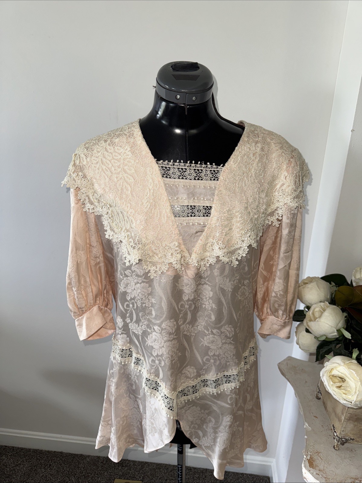 VTG 80’s Jessica McClintock Cottage-core Silk Blouse Pink Lace Top Victorian 6