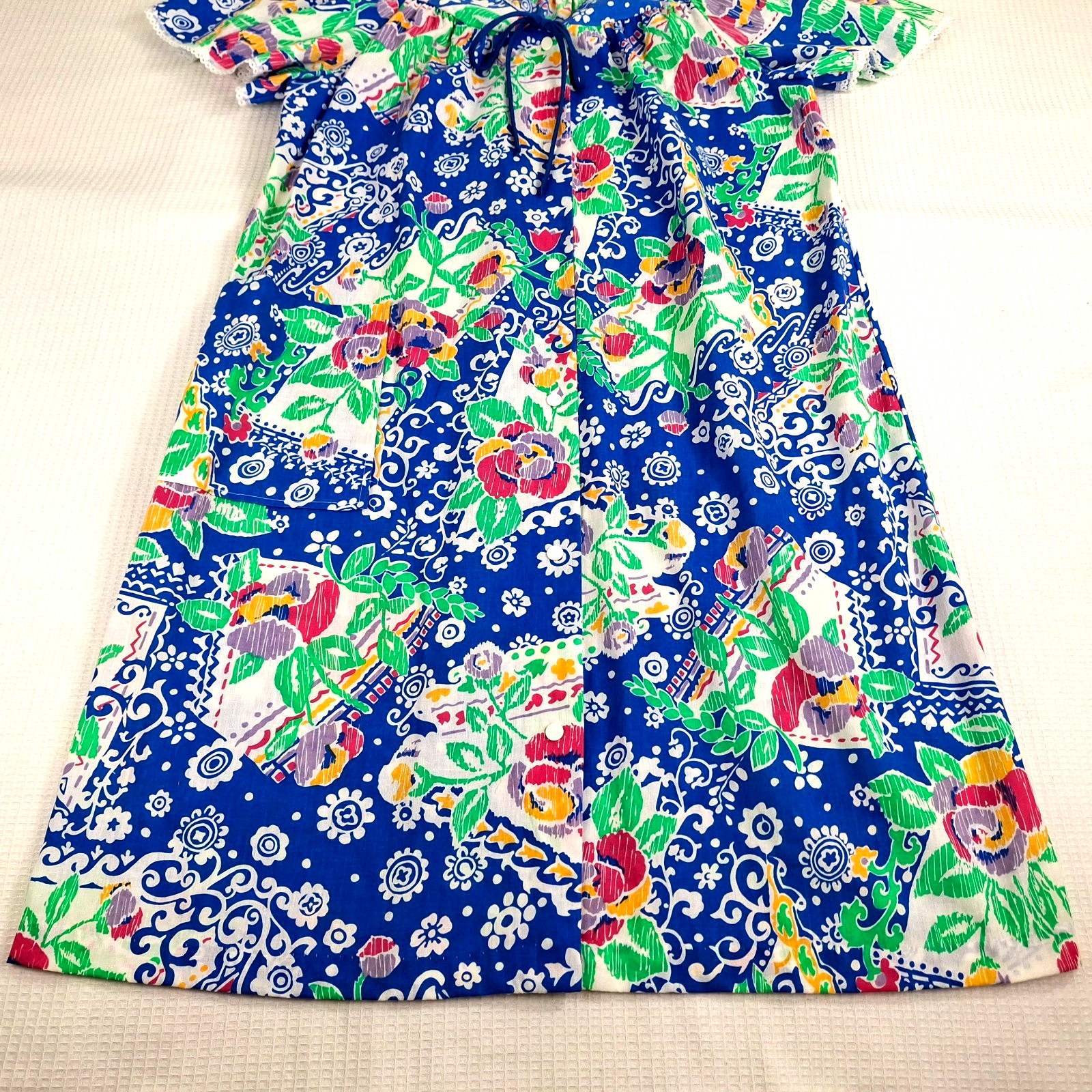 Vintage Lounge Around Women’s Size L 12 ? Snap Buttons Blue Floral Made In USA