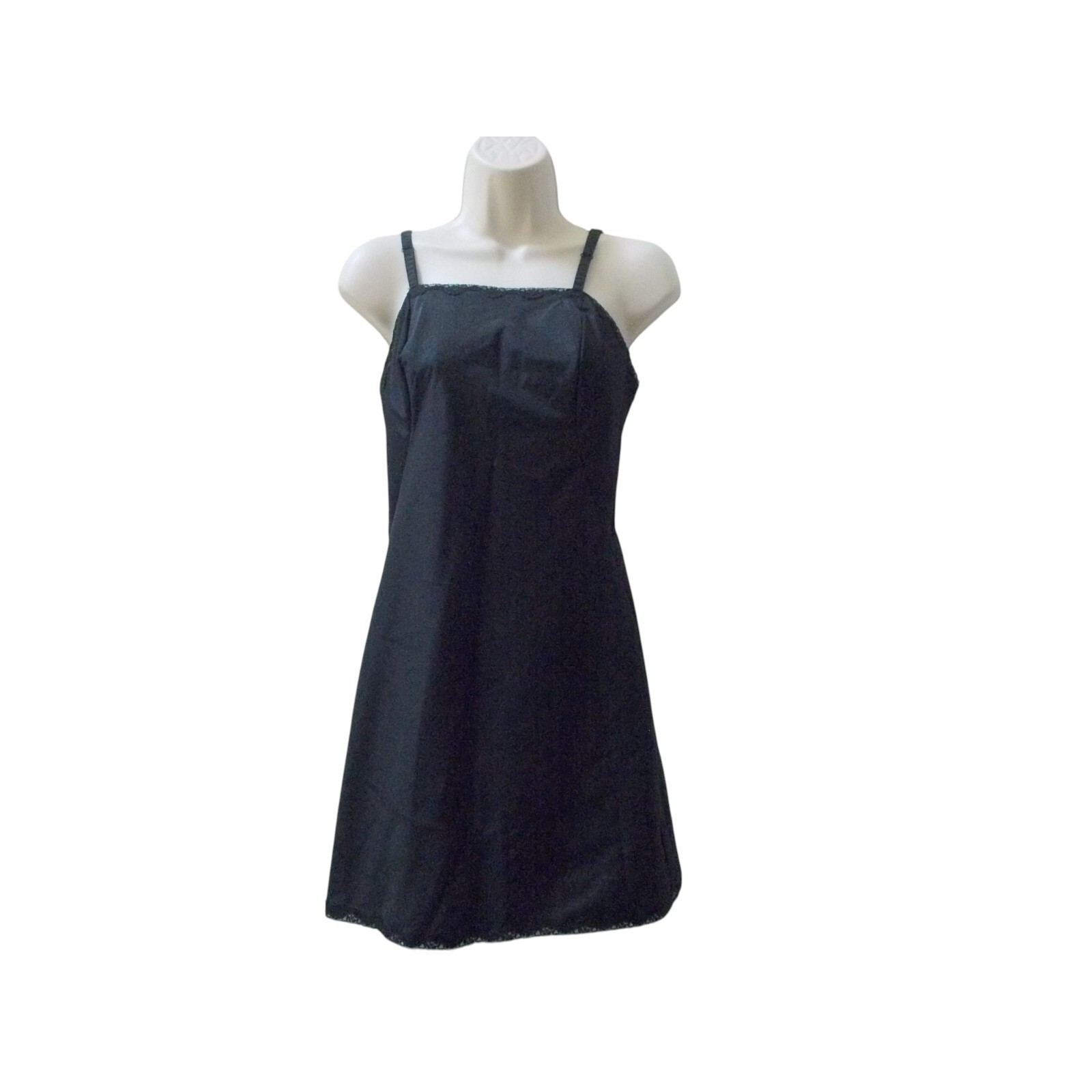 VTG Black Dacron Nylon Blend Lace Trim Full Slip MADE IN USA Sz 32