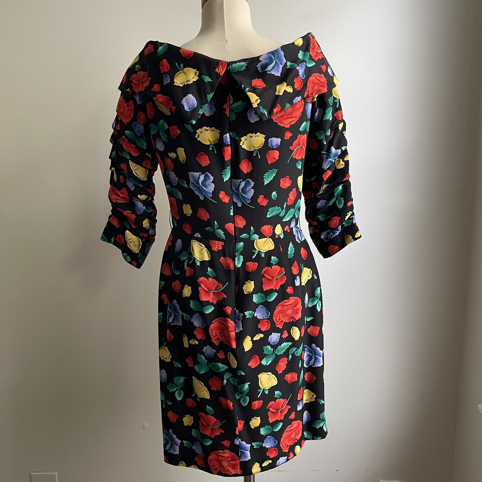 Vintage 80s Arnold Scaasi Boutique Couture Silk Floral Ruched Party Dress 12