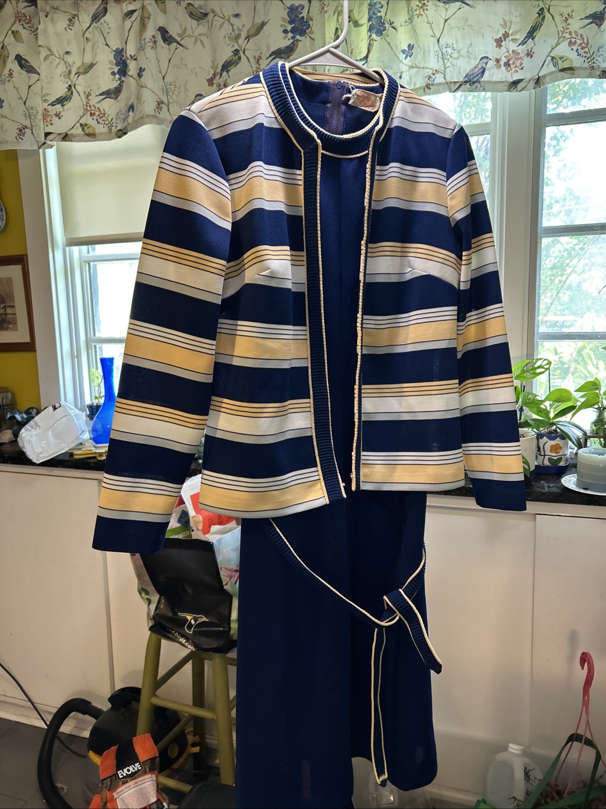 Vtg Lady Carol of New York 2 Pc Navy Knit Dress With Belt & Open Striped Jacket